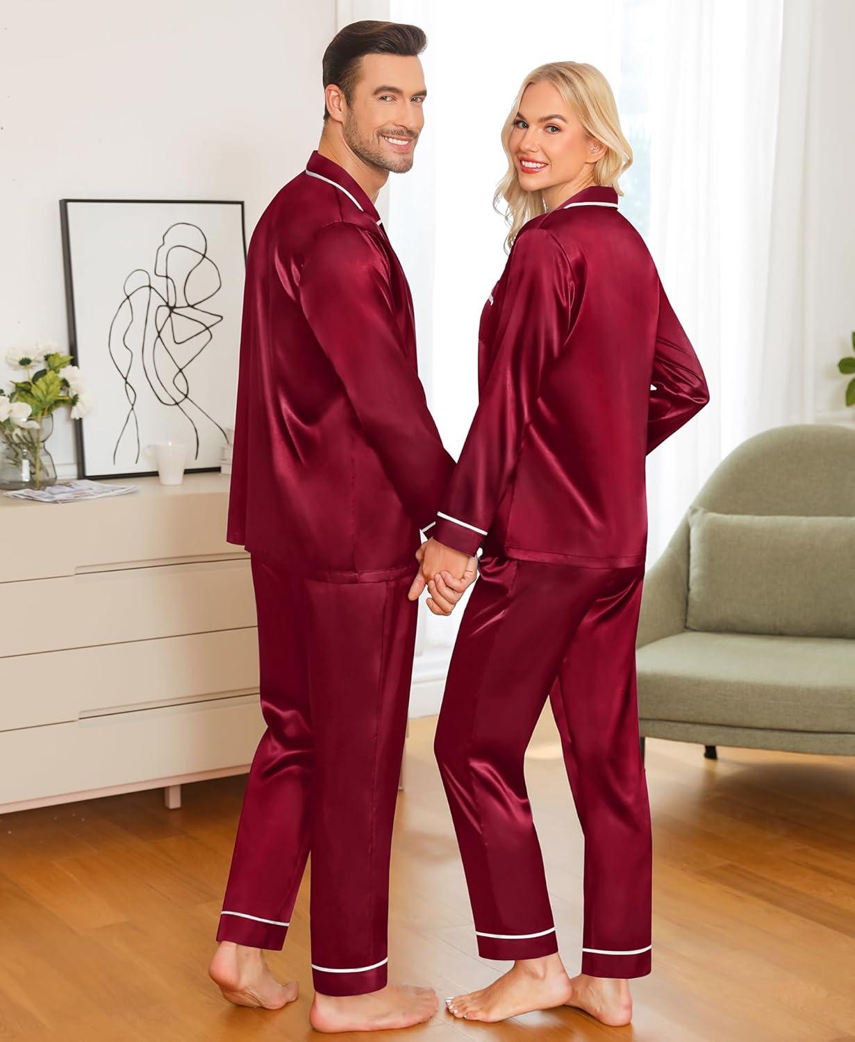 imageSWOMOG Family Christmas Pajamas Matching Sets Silk Family Pajamas Long Sleeve Button Down Pj SetDeep Wine Red