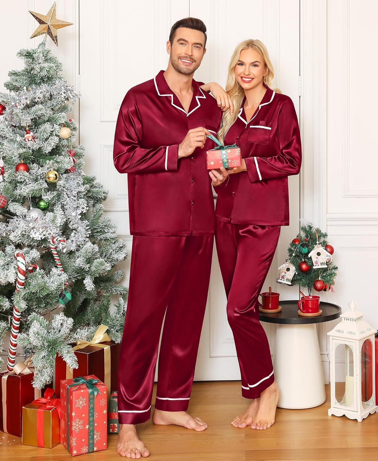 imageSWOMOG Family Christmas Pajamas Matching Sets Silk Family Pajamas Long Sleeve Button Down Pj SetDeep Wine Red