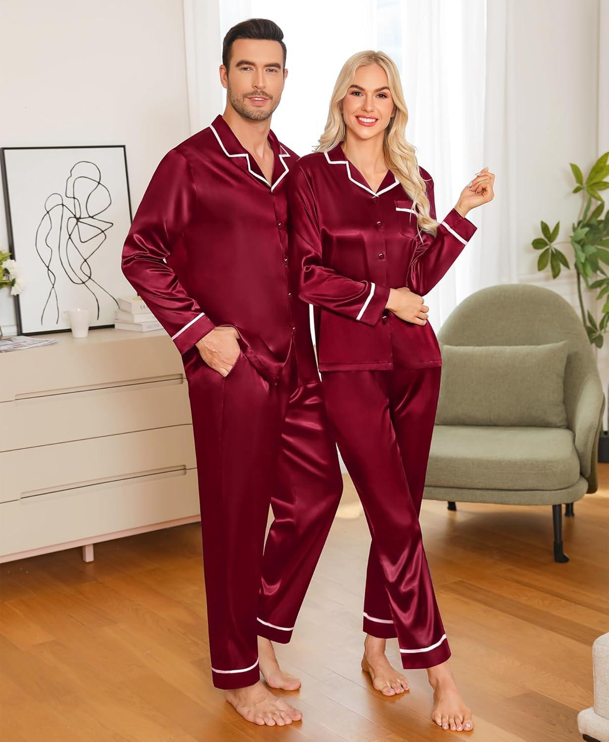 imageSWOMOG Family Christmas Pajamas Matching Sets Silk Family Pajamas Long Sleeve Button Down Pj SetDeep Wine Red