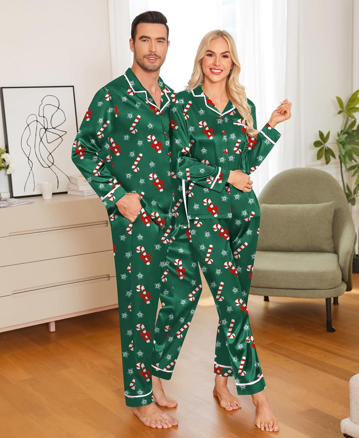 imageSWOMOG Family Christmas Pajamas Matching Sets Silk Family Pajamas Long Sleeve Button Down Pj SetGreen Candy Crutch