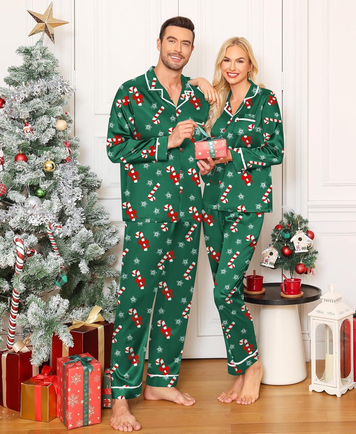 imageSWOMOG Family Christmas Pajamas Matching Sets Silk Family Pajamas Long Sleeve Button Down Pj SetGreen Candy Crutch