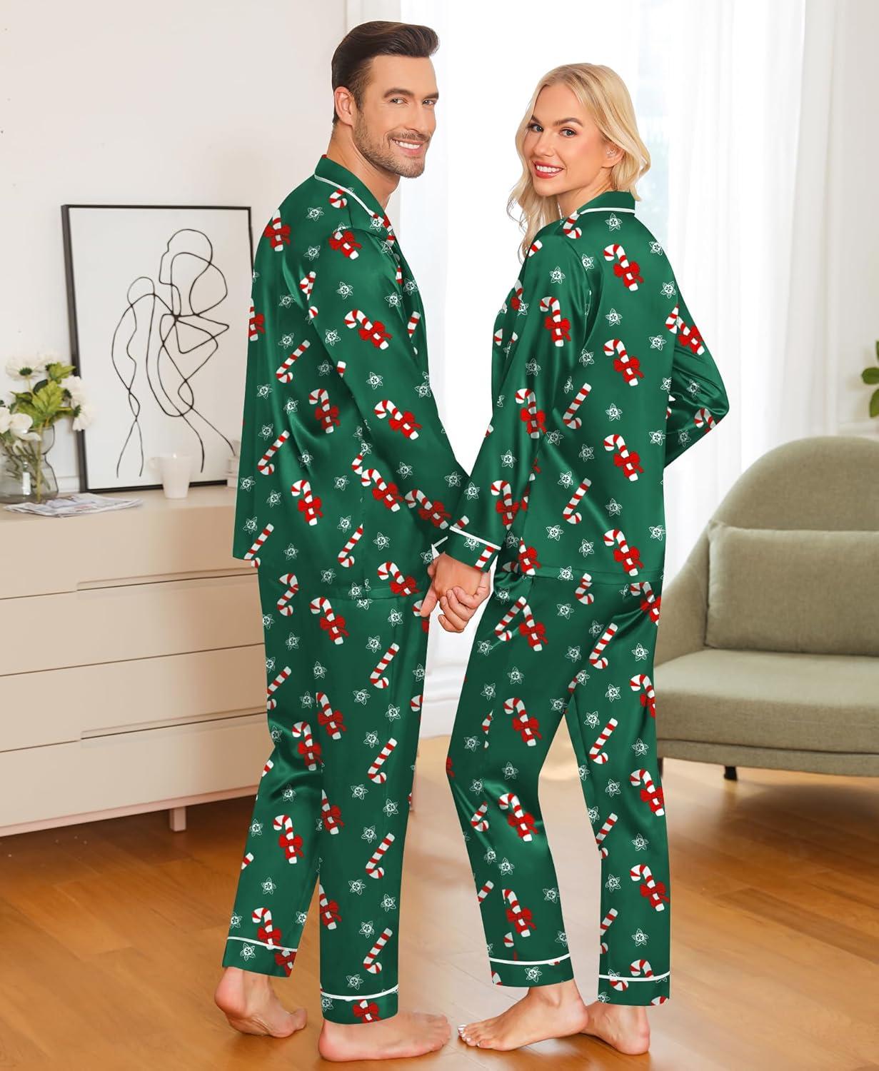 imageSWOMOG Family Christmas Pajamas Matching Sets Silk Family Pajamas Long Sleeve Button Down Pj SetGreen Candy Crutch