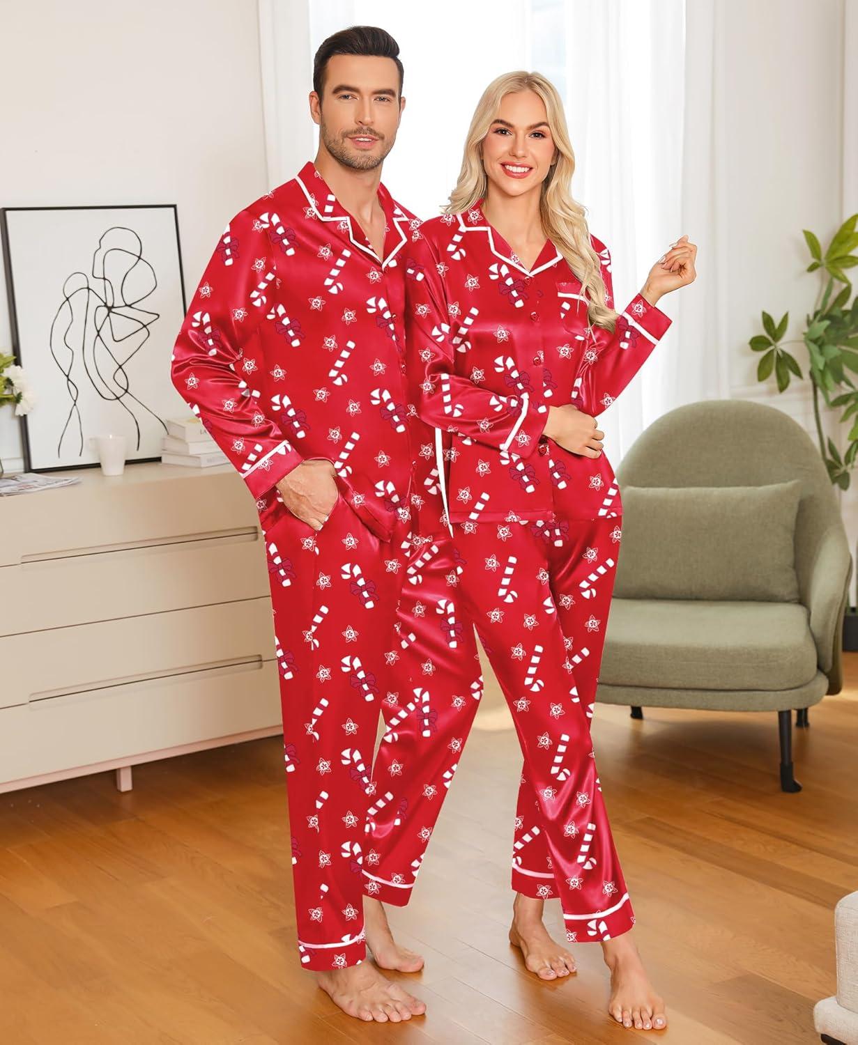 imageSWOMOG Family Christmas Pajamas Matching Sets Silk Family Pajamas Long Sleeve Button Down Pj SetRed Candy Crutch
