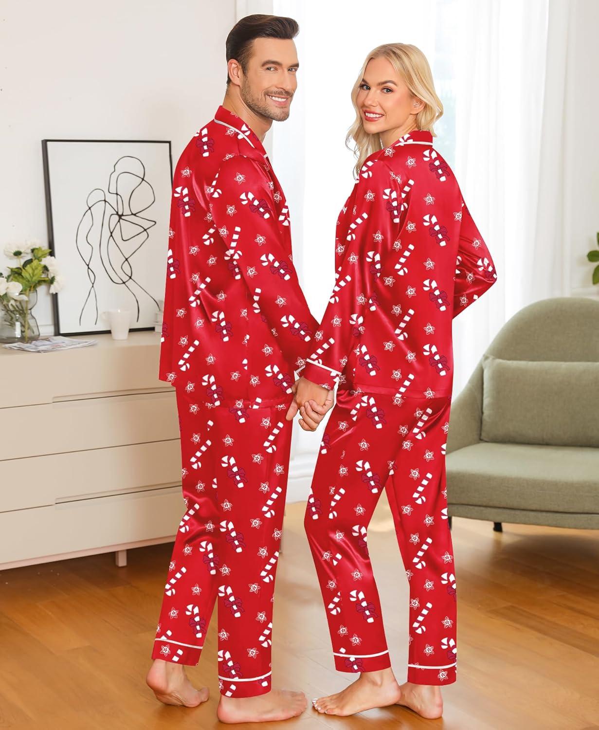 imageSWOMOG Family Christmas Pajamas Matching Sets Silk Family Pajamas Long Sleeve Button Down Pj SetRed Candy Crutch