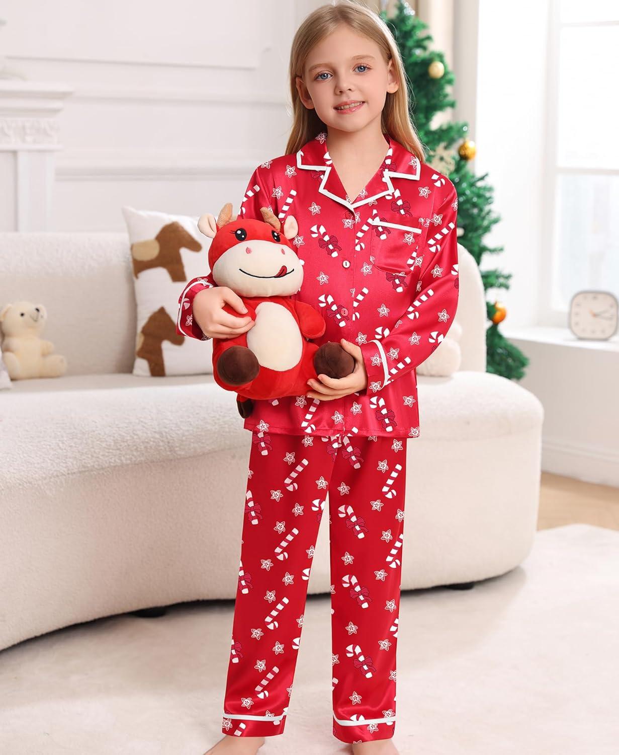 imageSWOMOG Family Christmas Pajamas Matching Sets Silk Family Pajamas Long Sleeve Button Down Pj SetRed Candy Crutch