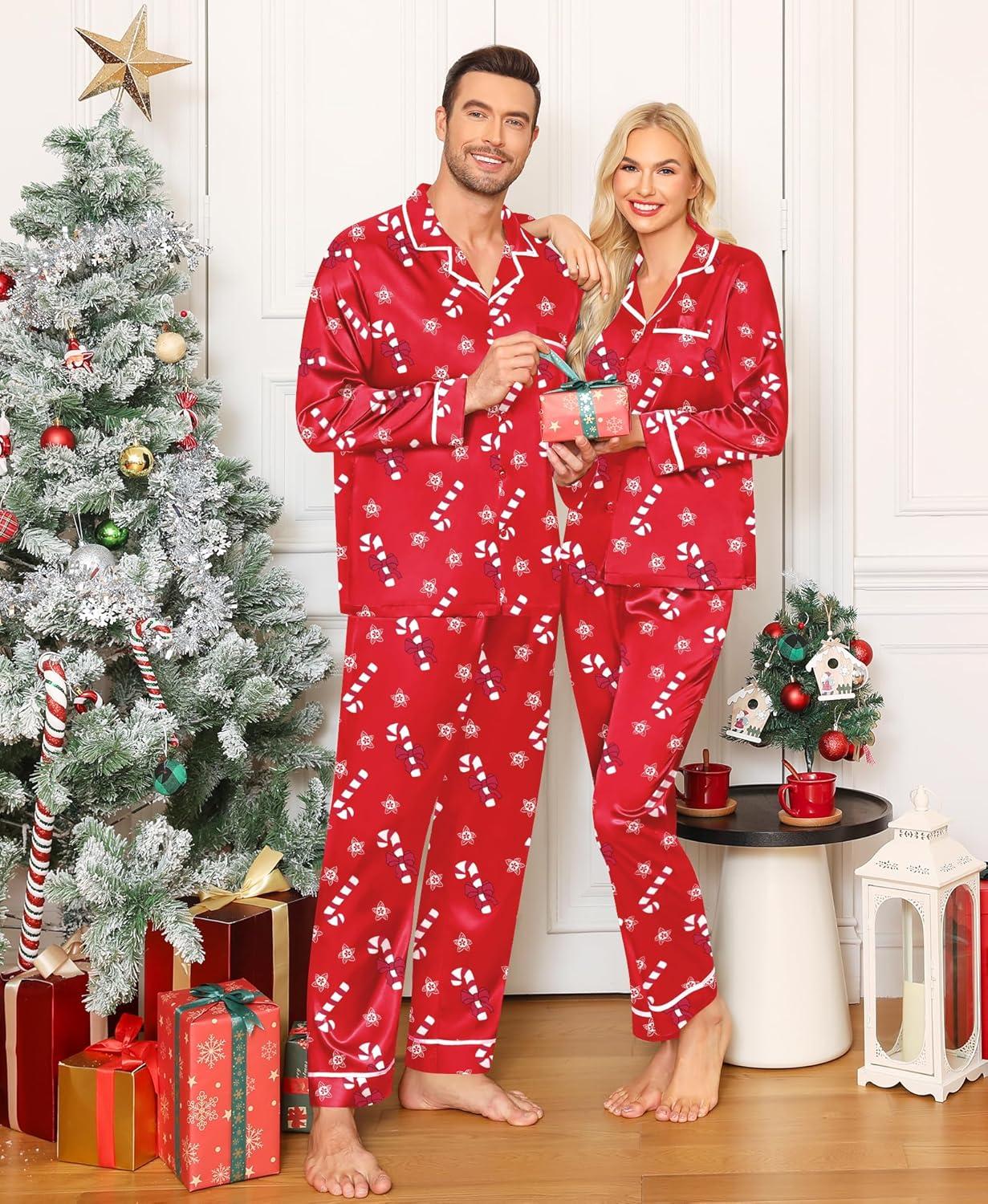 imageSWOMOG Family Christmas Pajamas Matching Sets Silk Family Pajamas Long Sleeve Button Down Pj SetRed Candy Crutch
