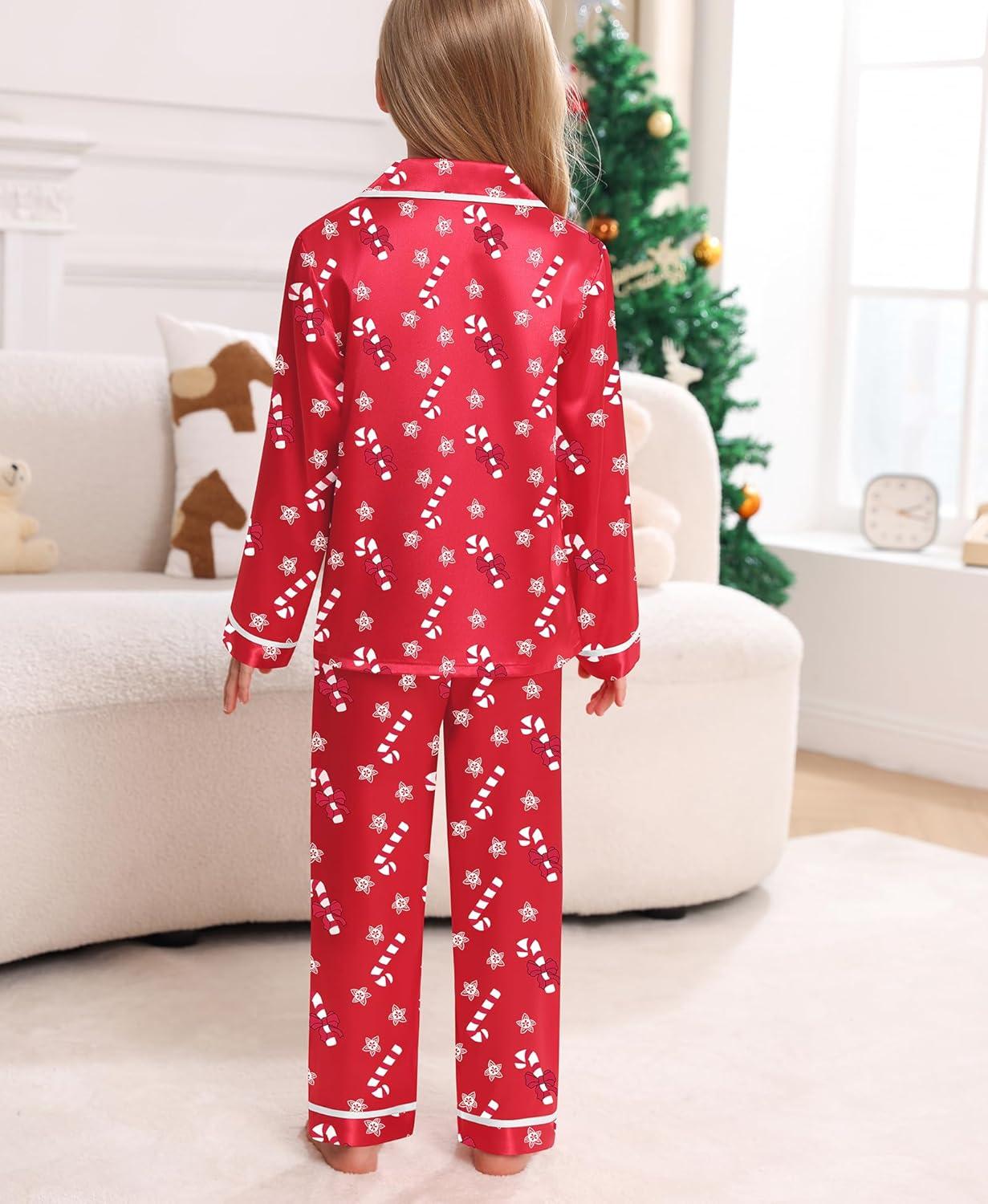 imageSWOMOG Family Christmas Pajamas Matching Sets Silk Family Pajamas Long Sleeve Button Down Pj SetRed Candy Crutch