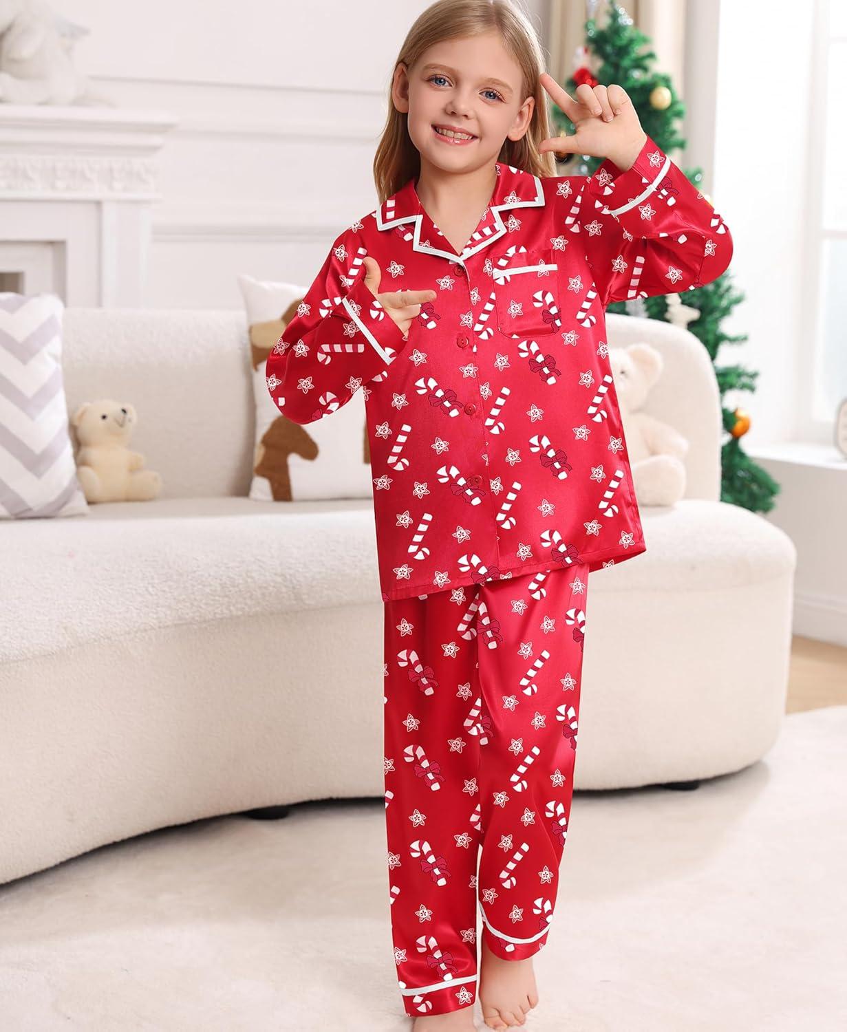 imageSWOMOG Family Christmas Pajamas Matching Sets Silk Family Pajamas Long Sleeve Button Down Pj SetRed Candy Crutch