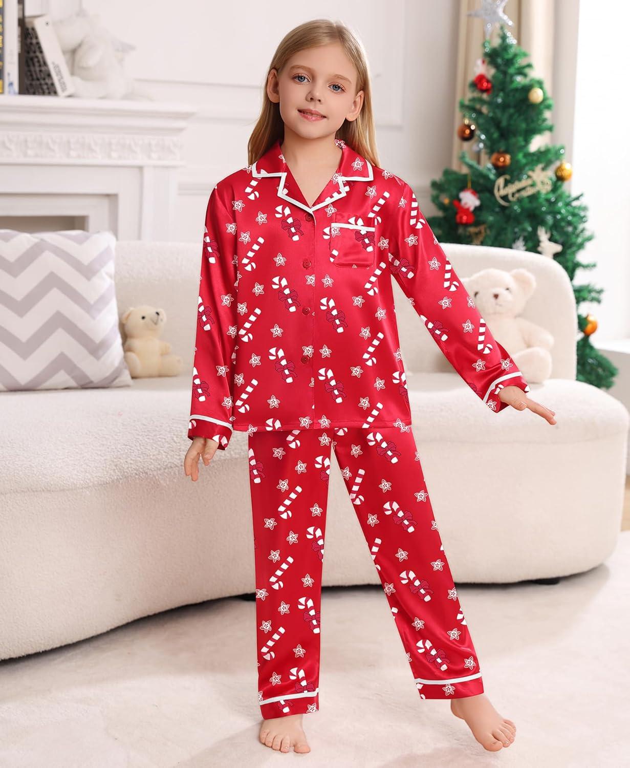 imageSWOMOG Family Christmas Pajamas Matching Sets Silk Family Pajamas Long Sleeve Button Down Pj SetRed Candy Crutch