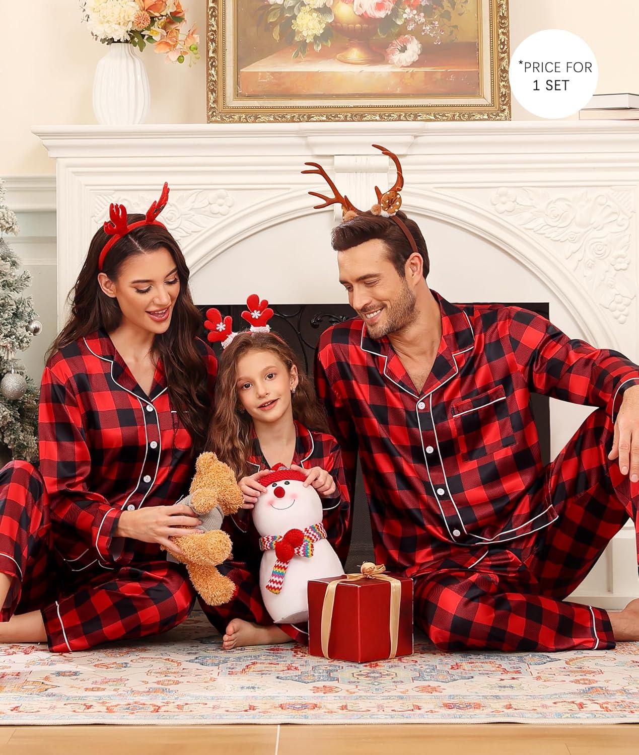 imageSWOMOG Family Matching Pajama Set Silky Satin Pajamas Long Sleeve Sleepwear Button Down Loungewear 2 Pcs Pj SetBlack and Red Plaid