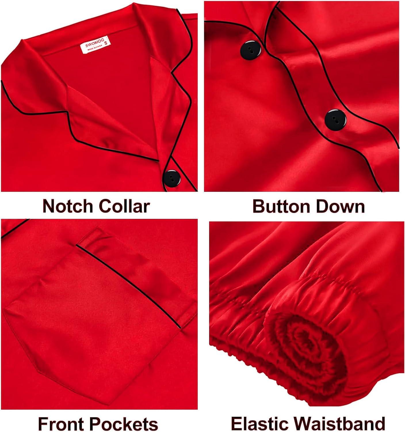 imageSWOMOG Family Matching Pajama Set Silky Satin Pajamas Long Sleeve Sleepwear Button Down Loungewear 2 Pcs Pj SetCandy Red