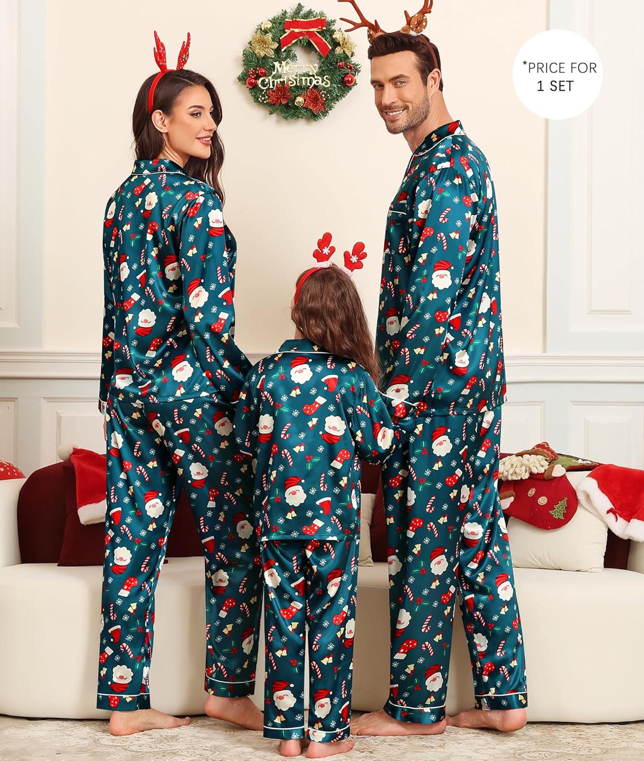 imageSWOMOG Family Matching Pajama Set Silky Satin Pajamas Long Sleeve Sleepwear Button Down Loungewear 2 Pcs Pj SetChristmas Cute Print