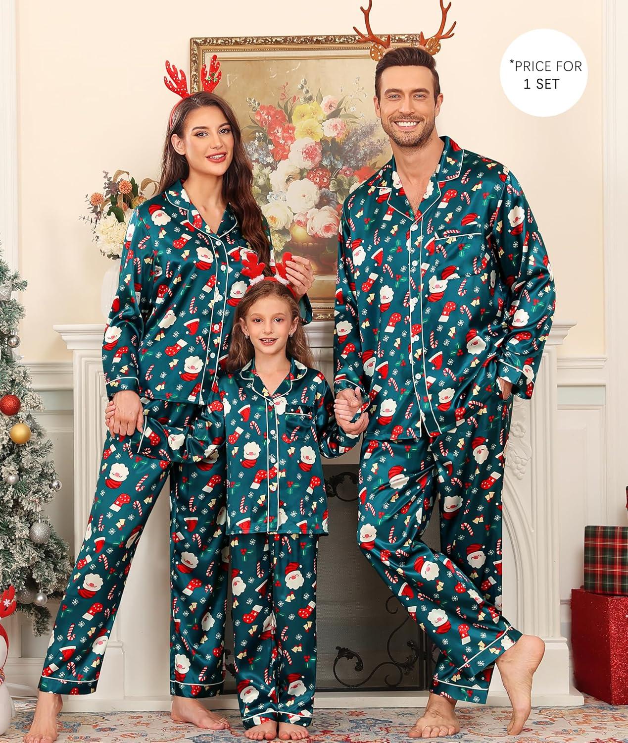 imageSWOMOG Family Matching Pajama Set Silky Satin Pajamas Long Sleeve Sleepwear Button Down Loungewear 2 Pcs Pj SetChristmas Cute Print