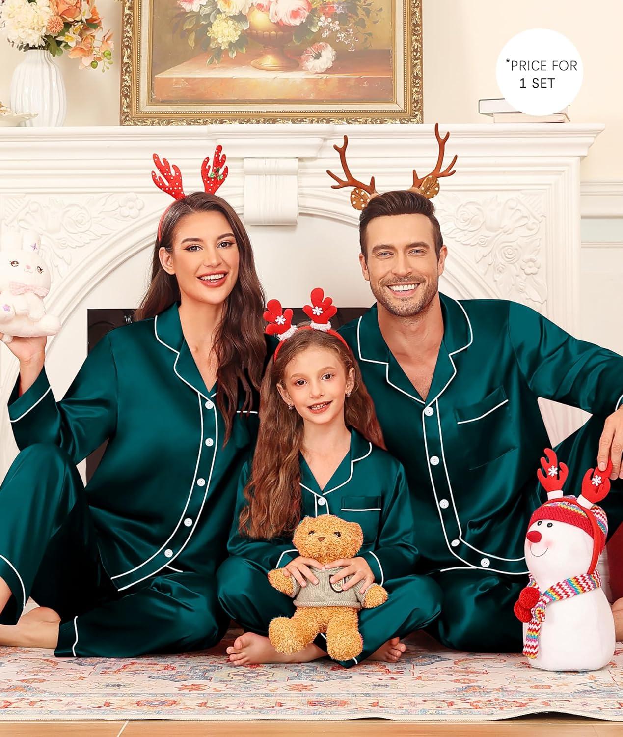 imageSWOMOG Family Matching Pajama Set Silky Satin Pajamas Long Sleeve Sleepwear Button Down Loungewear 2 Pcs Pj SetDeep Green