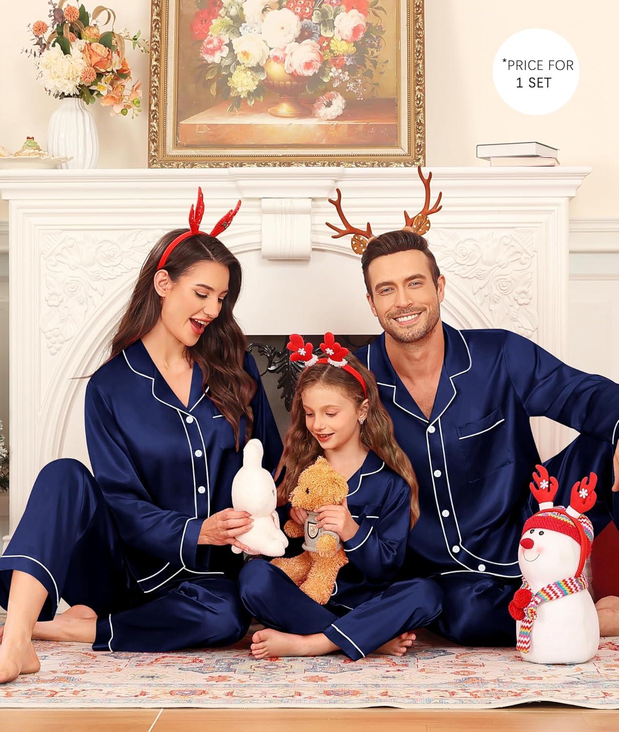 imageSWOMOG Family Matching Pajama Set Silky Satin Pajamas Long Sleeve Sleepwear Button Down Loungewear 2 Pcs Pj SetDeep Navy Blue