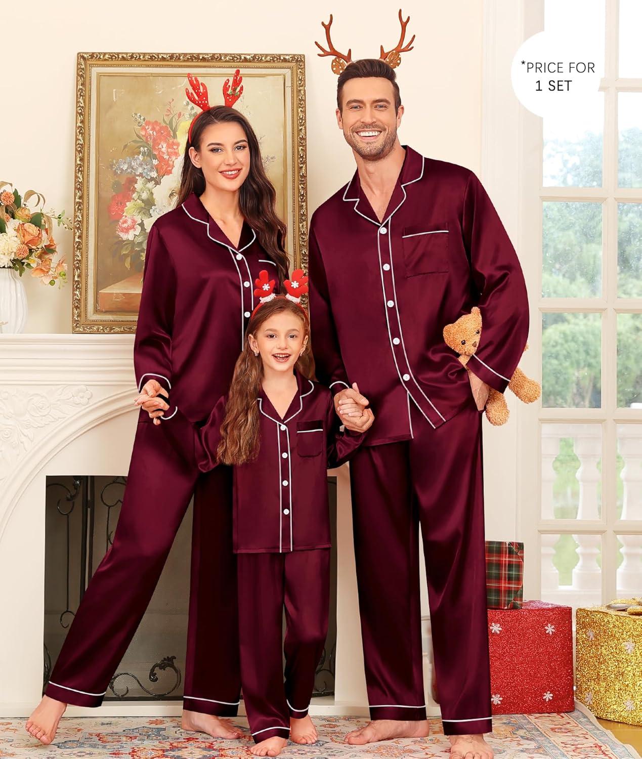 imageSWOMOG Family Matching Pajama Set Silky Satin Pajamas Long Sleeve Sleepwear Button Down Loungewear 2 Pcs Pj SetDeep Wine Red