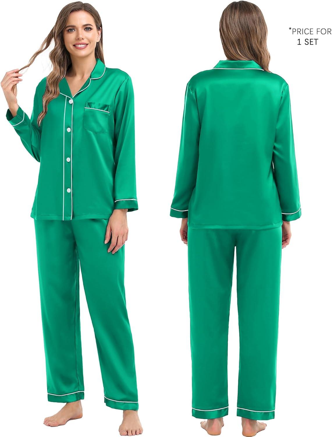imageSWOMOG Family Matching Pajama Set Silky Satin Pajamas Long Sleeve Sleepwear Button Down Loungewear 2 Pcs Pj SetEmerald Green