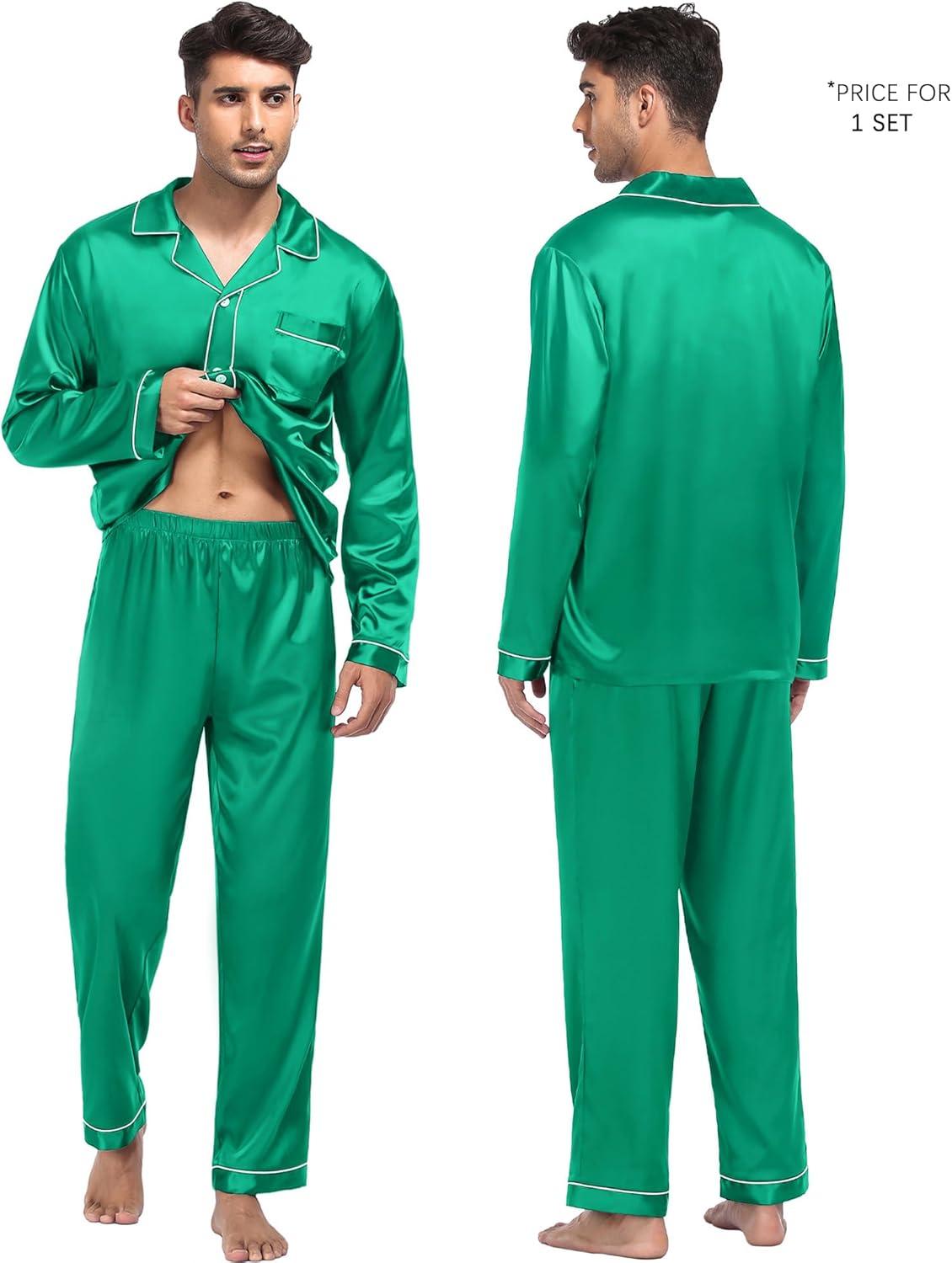 imageSWOMOG Family Matching Pajama Set Silky Satin Pajamas Long Sleeve Sleepwear Button Down Loungewear 2 Pcs Pj SetEmerald Green