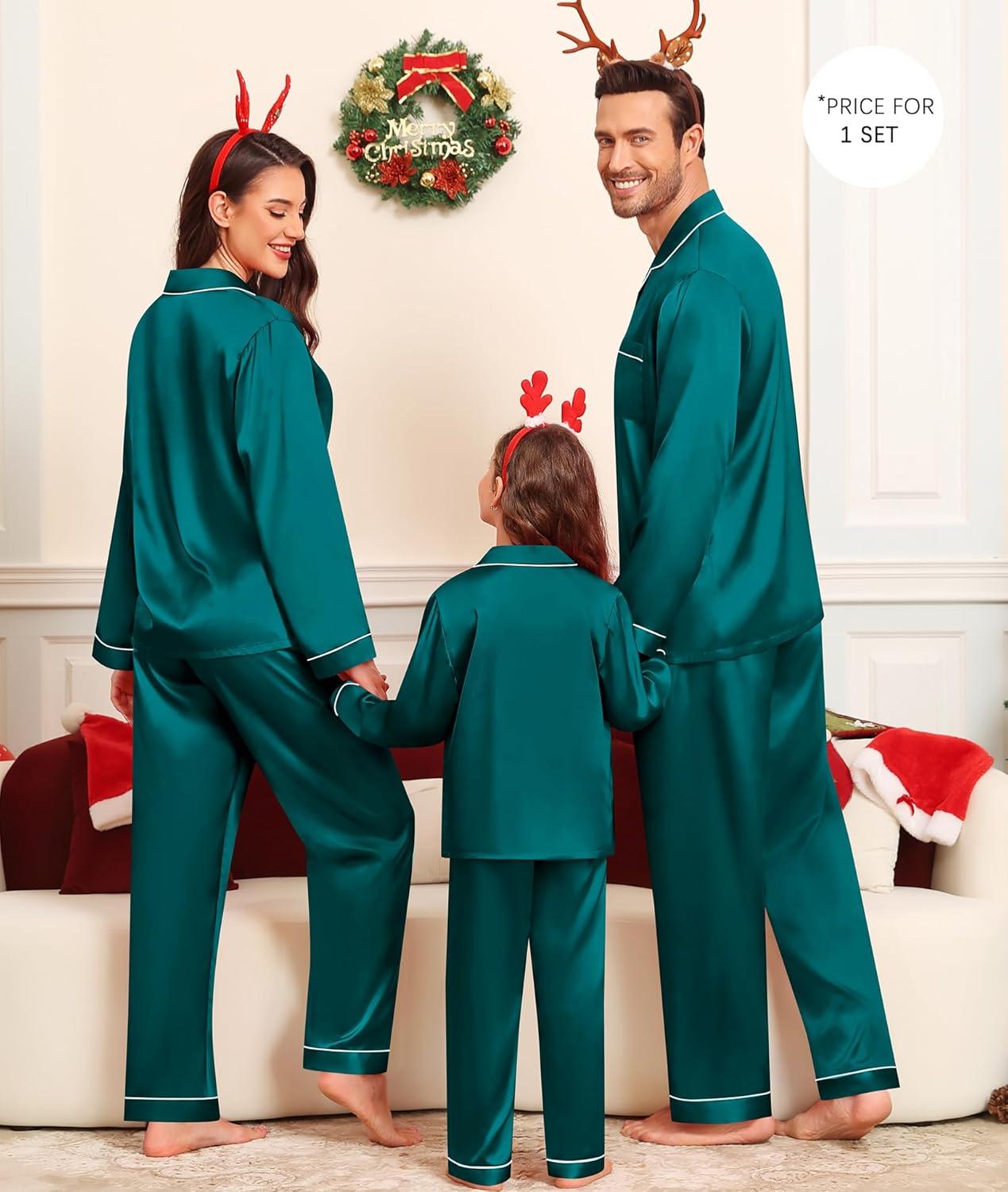 imageSWOMOG Family Matching Pajama Set Silky Satin Pajamas Long Sleeve Sleepwear Button Down Loungewear 2 Pcs Pj SetGreen