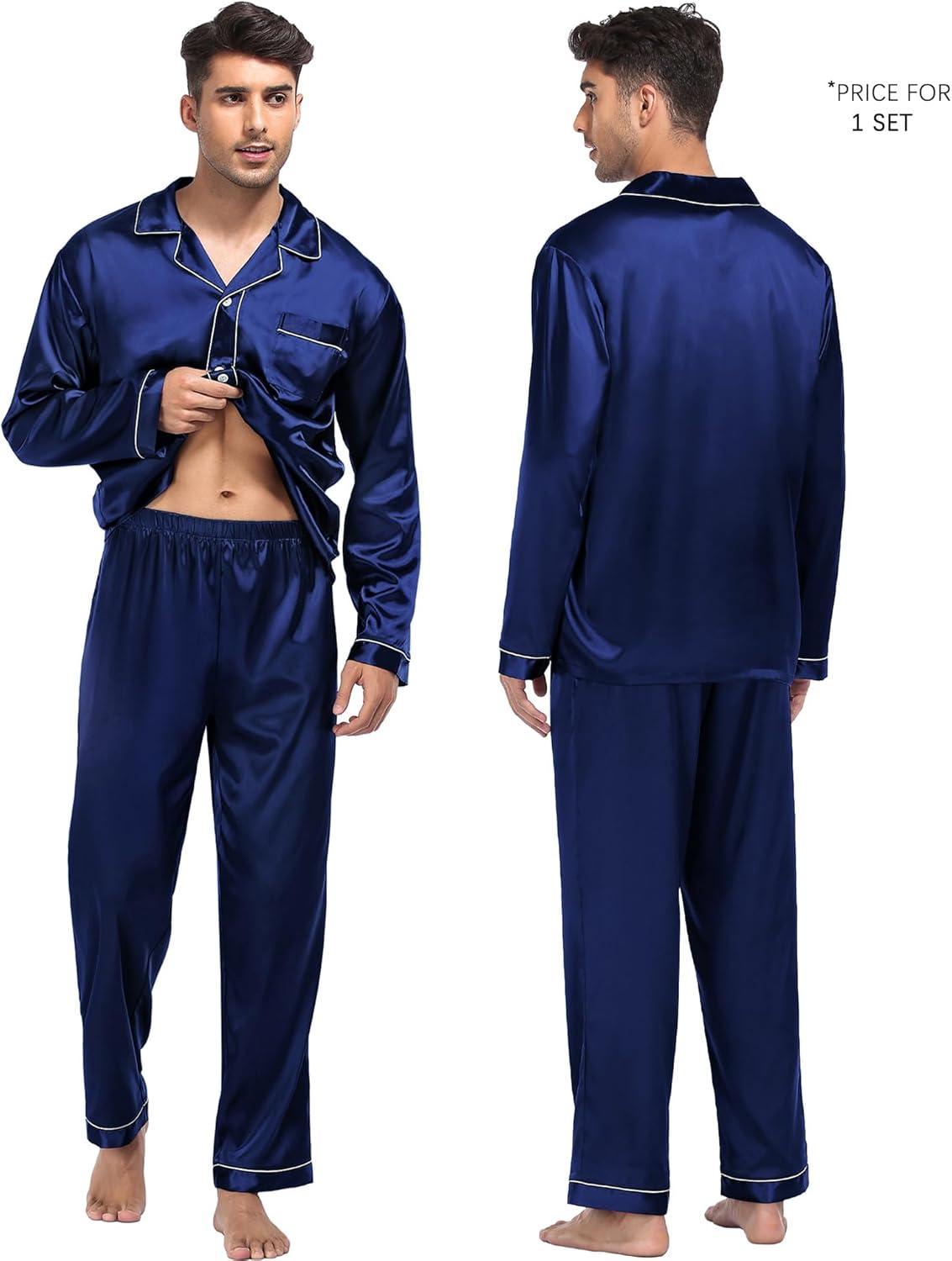 imageSWOMOG Family Matching Pajama Set Silky Satin Pajamas Long Sleeve Sleepwear Button Down Loungewear 2 Pcs Pj SetNavy Blue