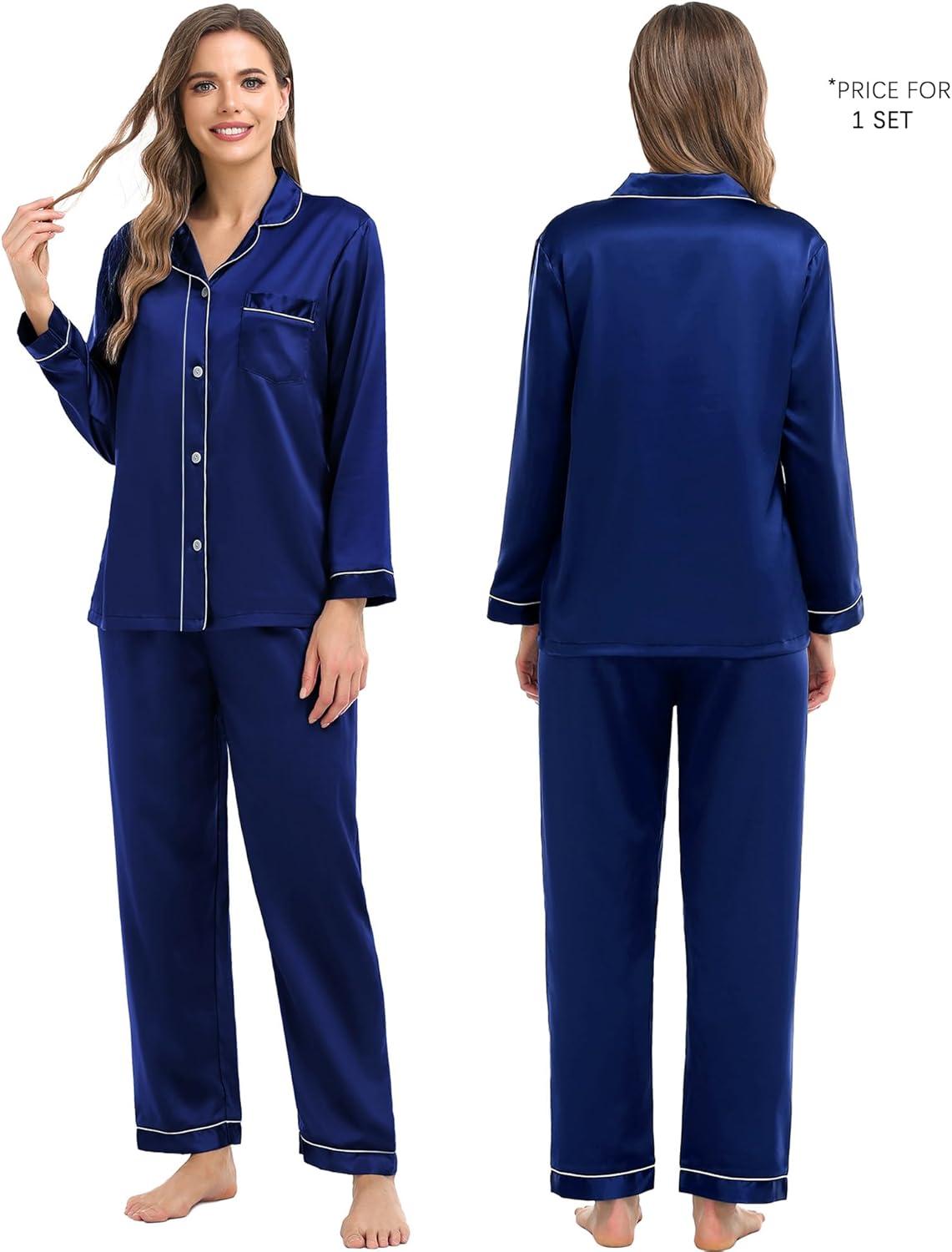 imageSWOMOG Family Matching Pajama Set Silky Satin Pajamas Long Sleeve Sleepwear Button Down Loungewear 2 Pcs Pj SetNavy Blue