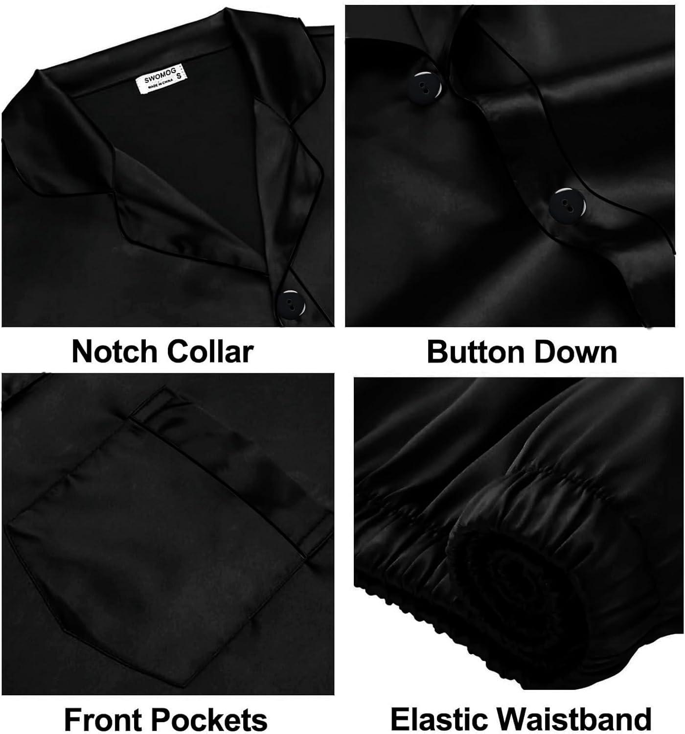 imageSWOMOG Family Matching Pajama Set Silky Satin Pajamas Long Sleeve Sleepwear Button Down Loungewear 2 Pcs Pj SetPure Black