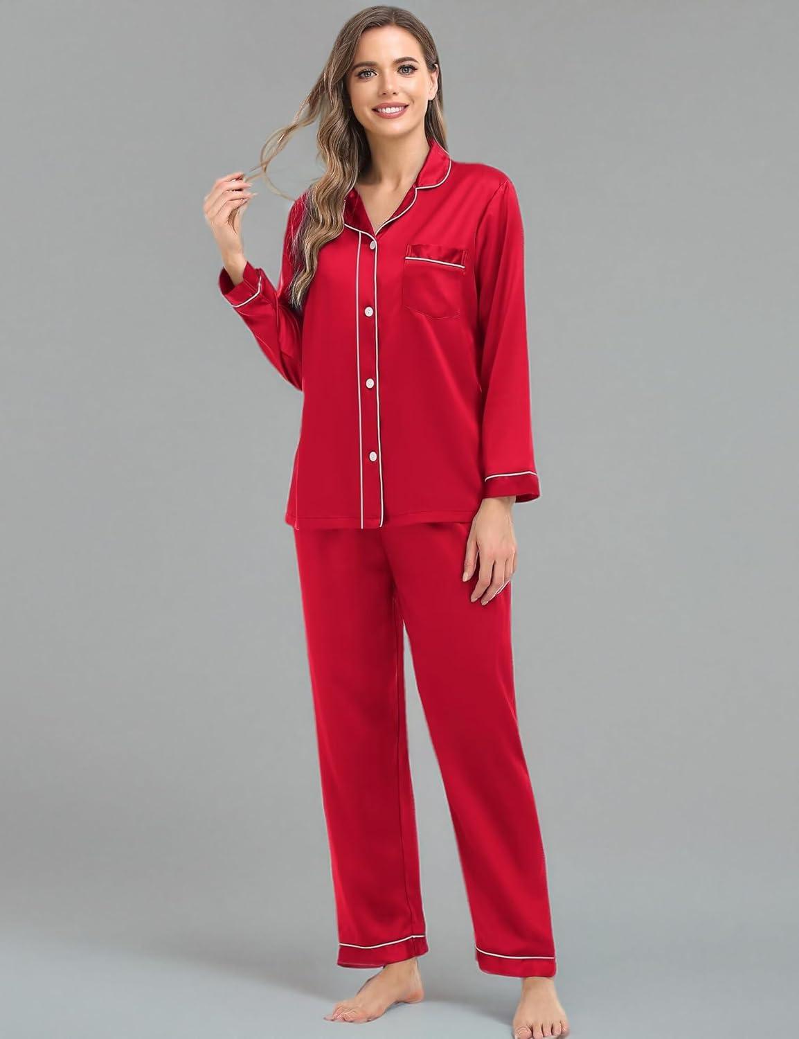 imageSWOMOG Family Matching Pajama Set Silky Satin Pajamas Long Sleeve Sleepwear Button Down Loungewear 2 Pcs Pj SetRed