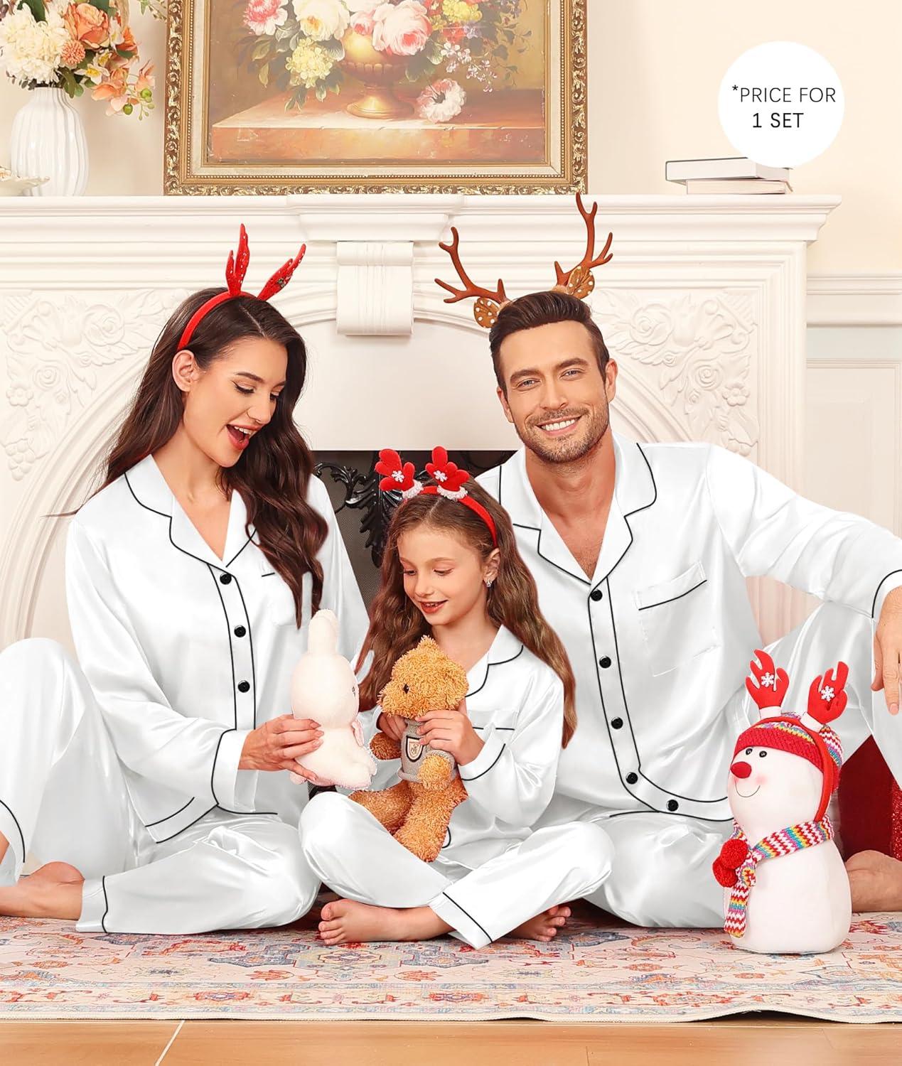imageSWOMOG Family Matching Pajama Set Silky Satin Pajamas Long Sleeve Sleepwear Button Down Loungewear 2 Pcs Pj SetWhite