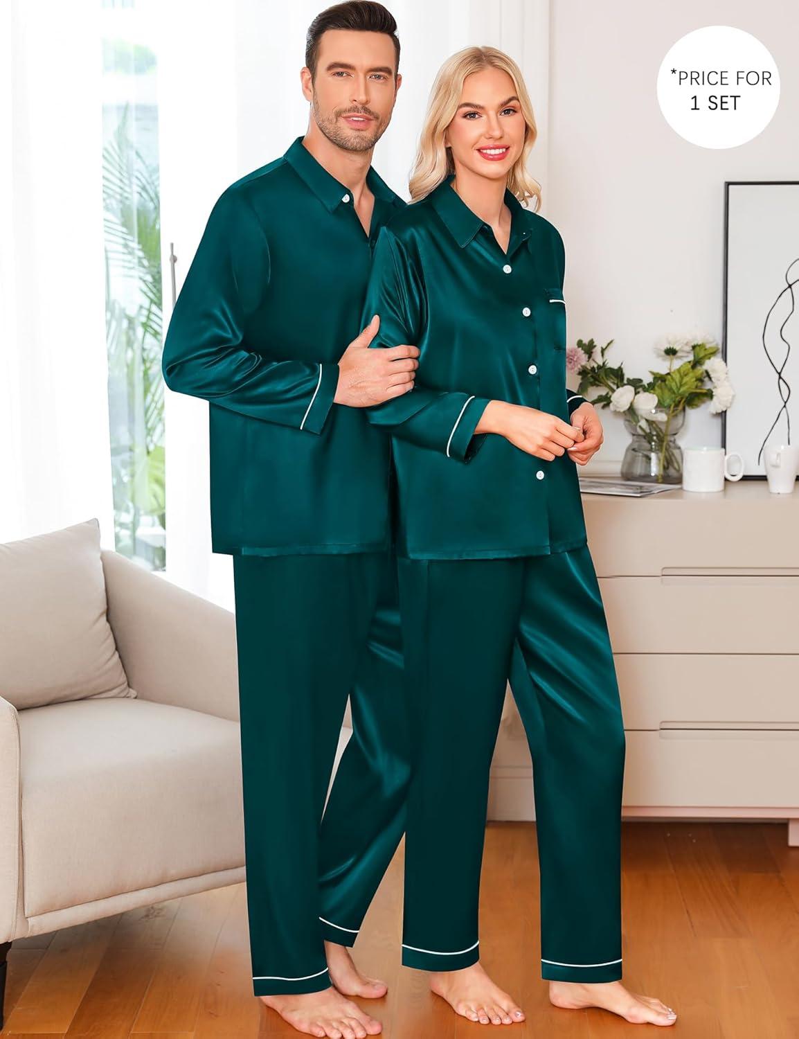 imageSWOMOG Family Matching Pajama Set Silky Satin Pajamas Long Sleeve Sleepwear Button Down Loungewear 2 Pcs Pj SetZ Deep Green With Classic Collar