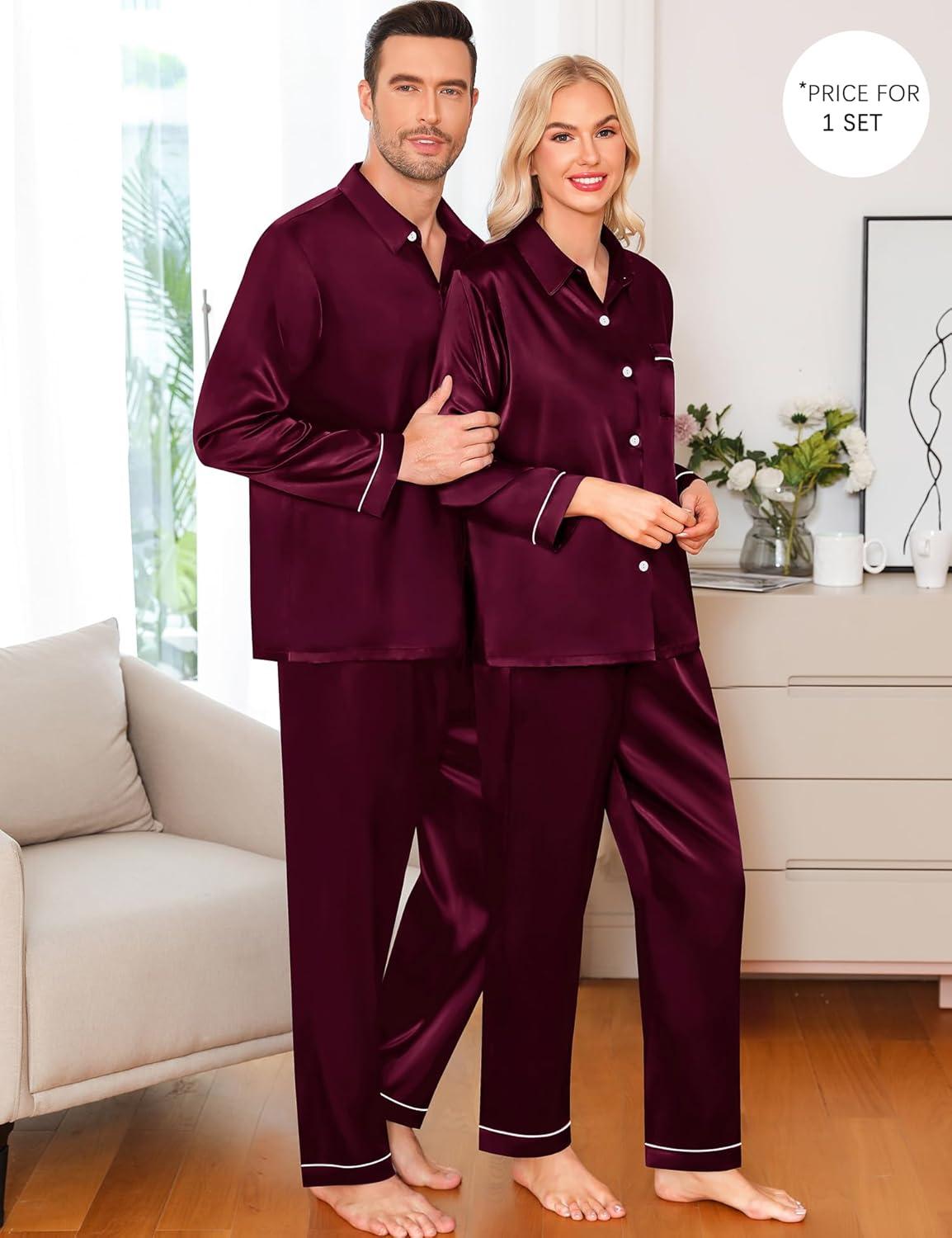 imageSWOMOG Family Matching Pajama Set Silky Satin Pajamas Long Sleeve Sleepwear Button Down Loungewear 2 Pcs Pj SetZ Deep Wine Red With Classic Collar