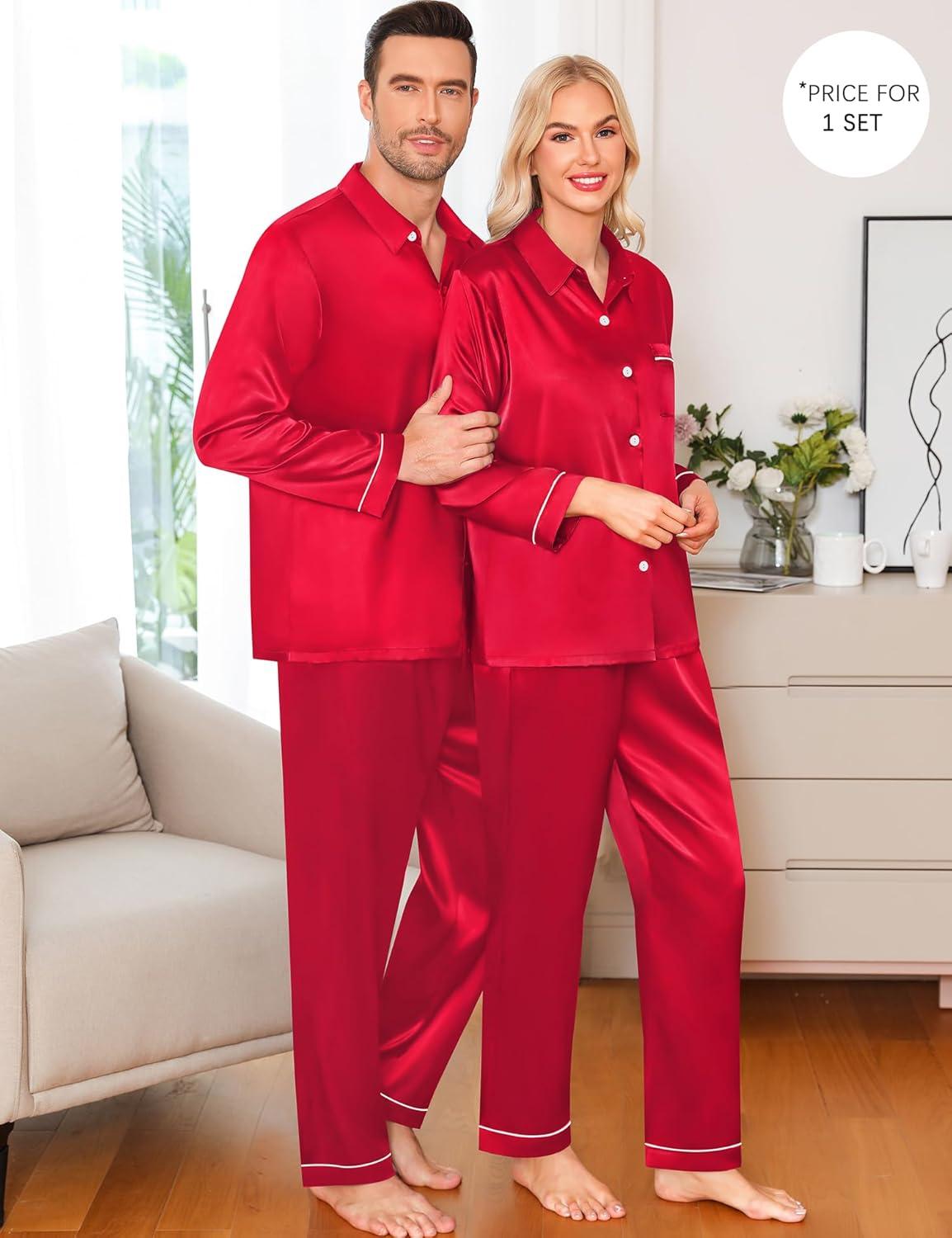 imageSWOMOG Family Matching Pajama Set Silky Satin Pajamas Long Sleeve Sleepwear Button Down Loungewear 2 Pcs Pj SetZ Red With Classic Collar