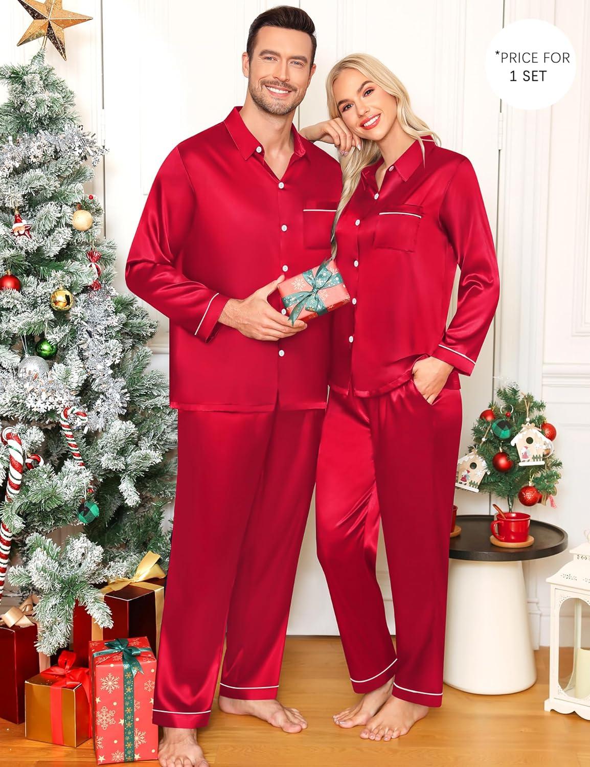 imageSWOMOG Family Matching Pajama Set Silky Satin Pajamas Long Sleeve Sleepwear Button Down Loungewear 2 Pcs Pj SetZ Red With Classic Collar