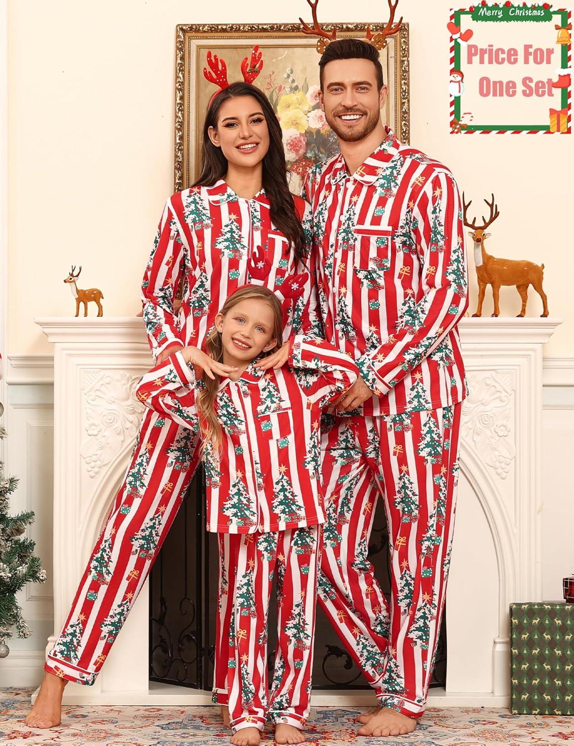 imageSWOMOG Family Matching Pajamas Set Button Down Sleepwear Long Sleeve Nightwear Christmas PJS Holiday PajamasChristmas Red Stripes