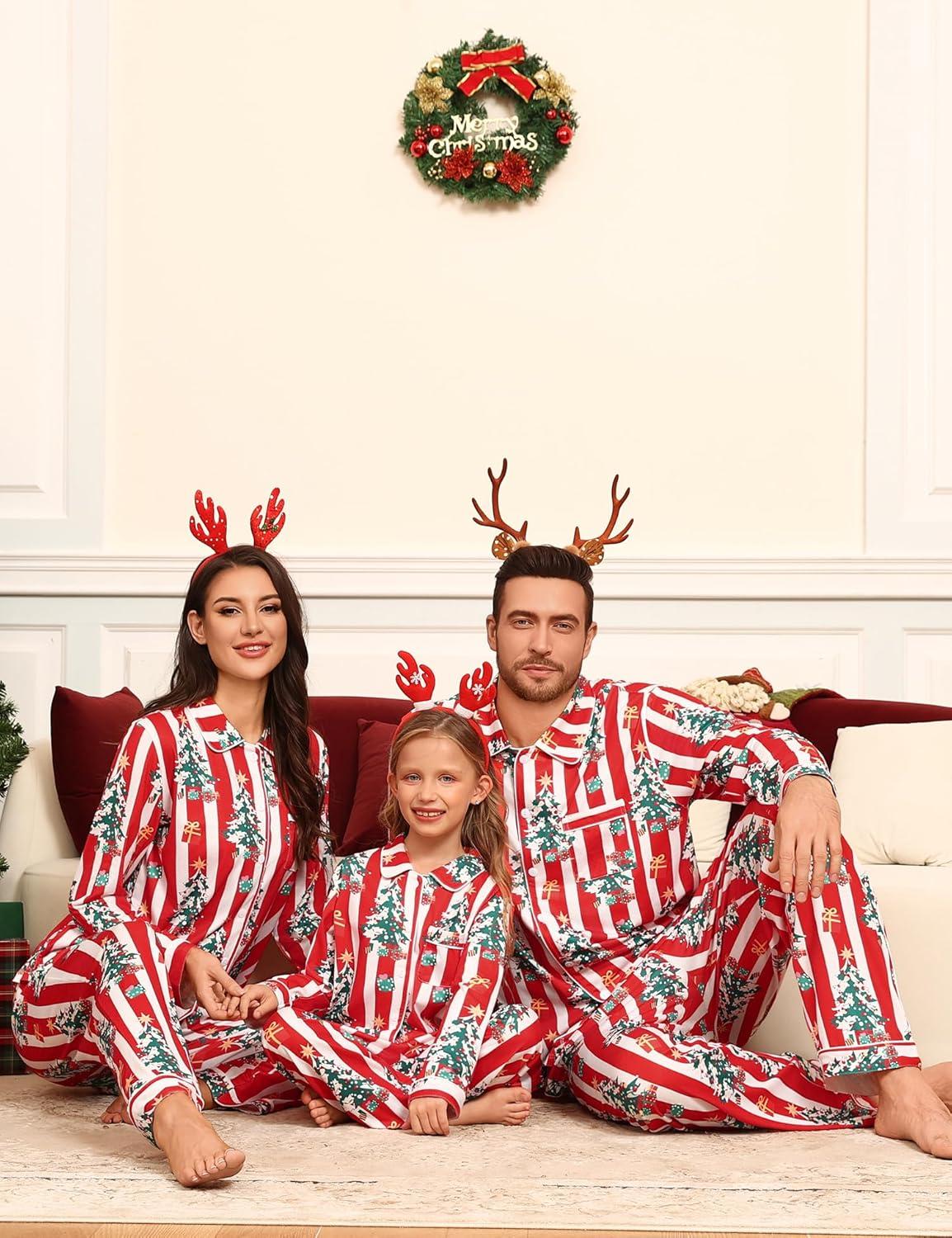 imageSWOMOG Family Matching Pajamas Set Button Down Sleepwear Long Sleeve Nightwear Christmas PJS Holiday PajamasChristmas Red Stripes