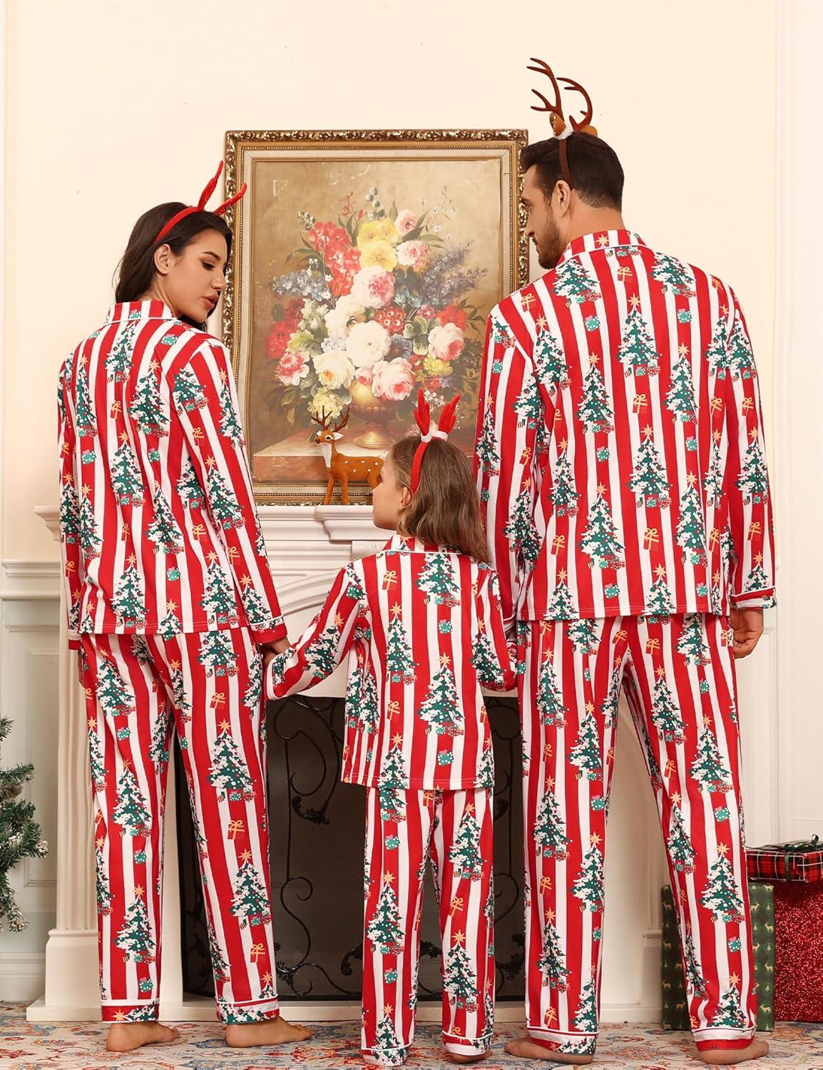 imageSWOMOG Family Matching Pajamas Set Button Down Sleepwear Long Sleeve Nightwear Christmas PJS Holiday PajamasChristmas Red Stripes