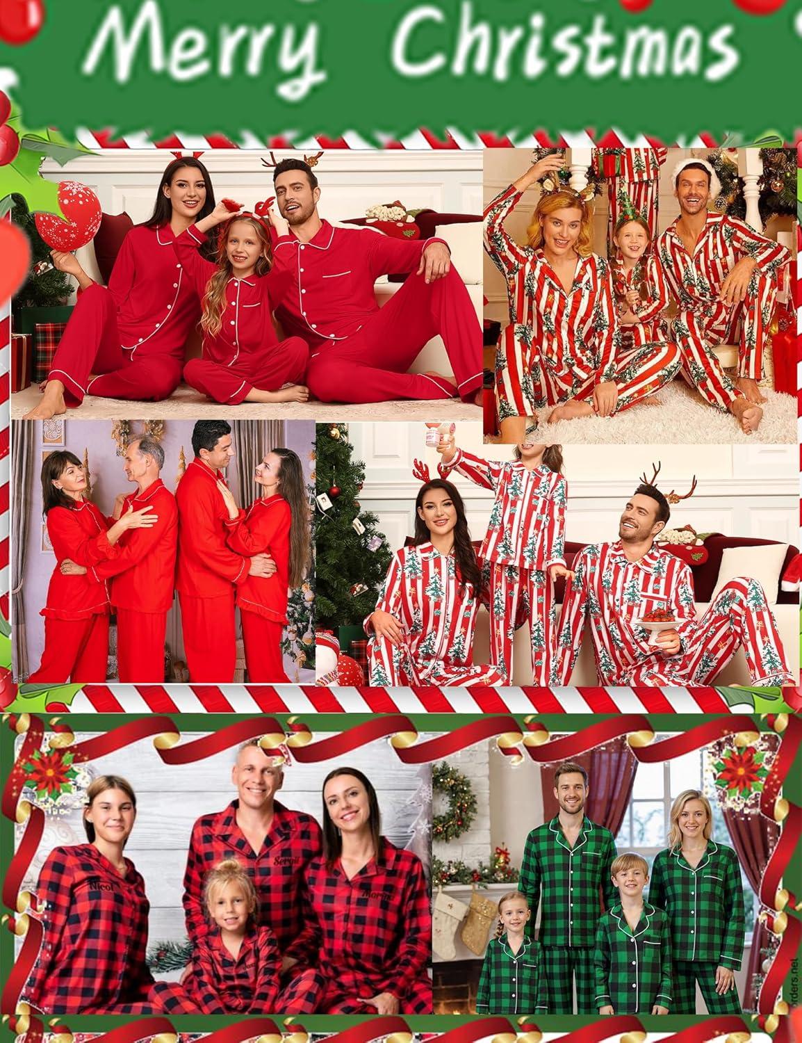 imageSWOMOG Family Matching Pajamas Set Button Down Sleepwear Long Sleeve Nightwear Christmas PJS Holiday PajamasGreen With Black Grid