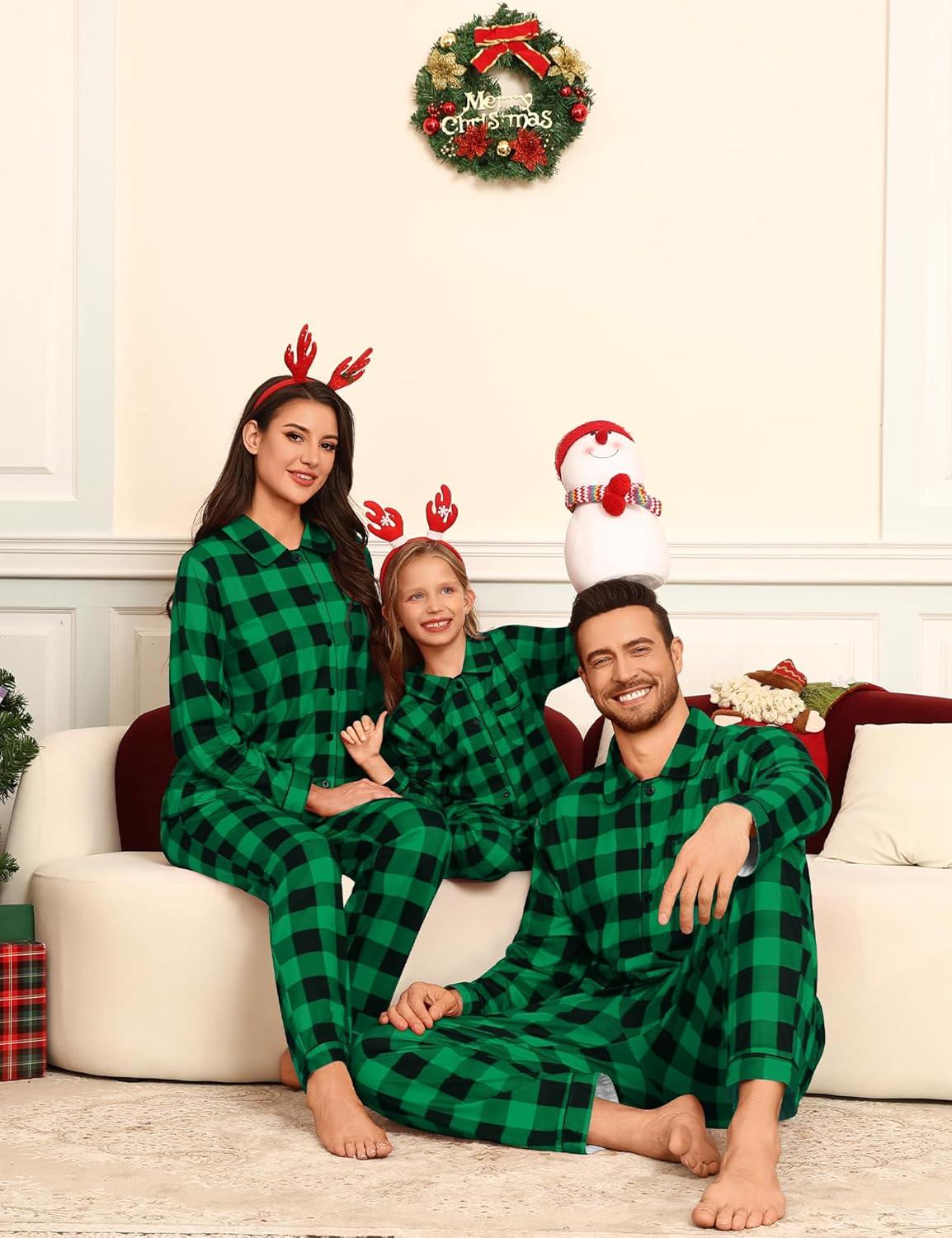 imageSWOMOG Family Matching Pajamas Set Button Down Sleepwear Long Sleeve Nightwear Christmas PJS Holiday PajamasGreen With Black Grid