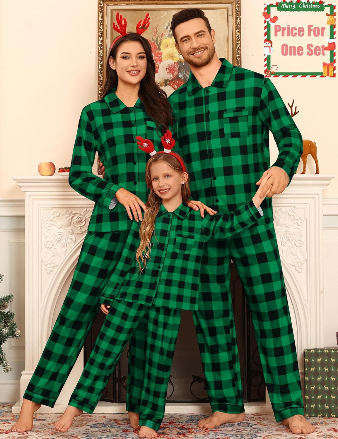 imageSWOMOG Family Matching Pajamas Set Button Down Sleepwear Long Sleeve Nightwear Christmas PJS Holiday PajamasGreen With Black Grid