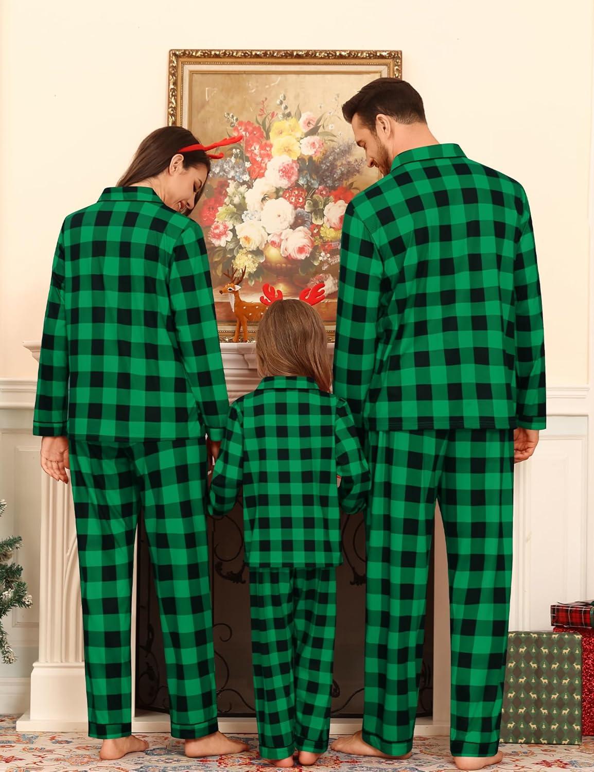 imageSWOMOG Family Matching Pajamas Set Button Down Sleepwear Long Sleeve Nightwear Christmas PJS Holiday PajamasGreen With Black Grid