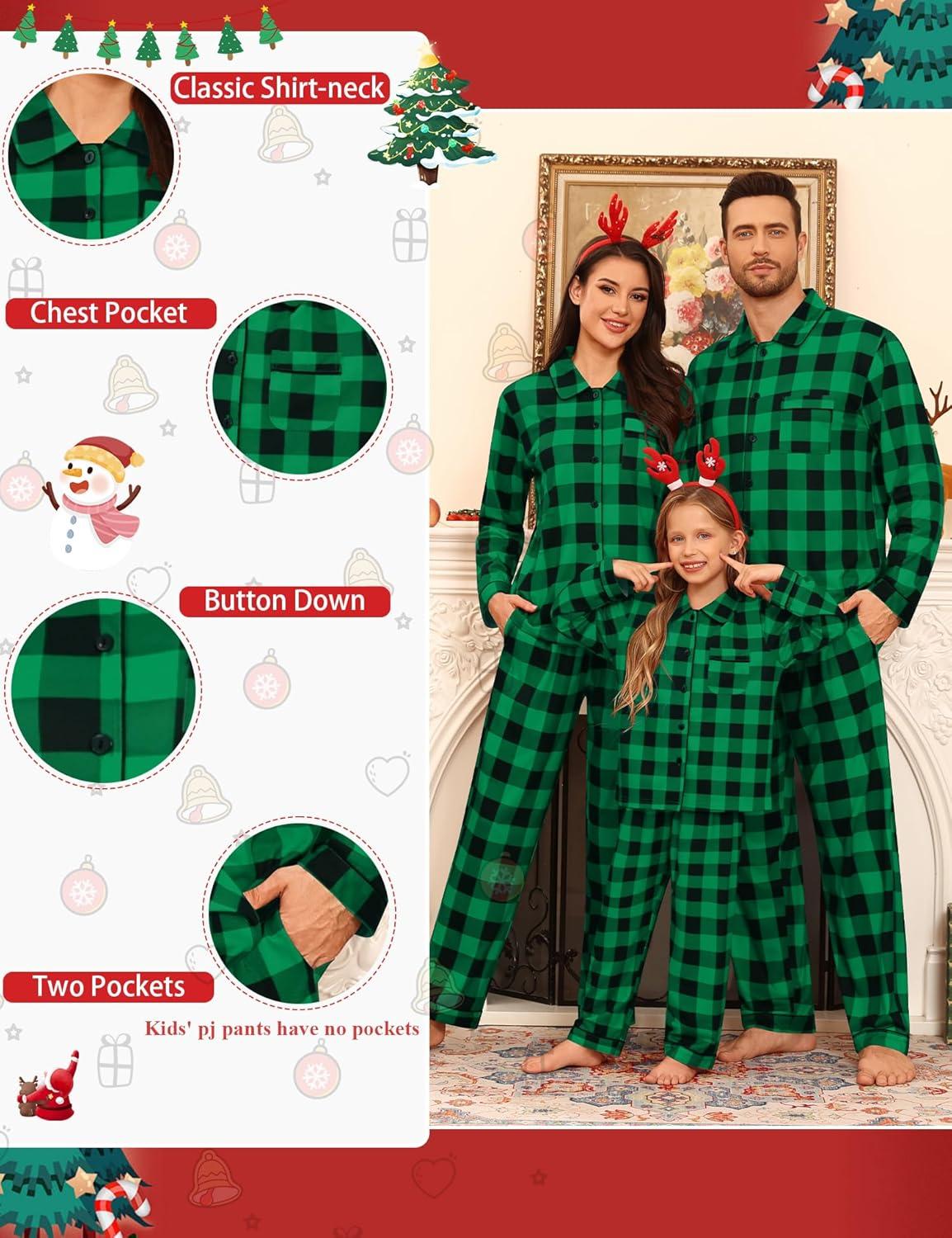 imageSWOMOG Family Matching Pajamas Set Button Down Sleepwear Long Sleeve Nightwear Christmas PJS Holiday PajamasGreen With Black Grid