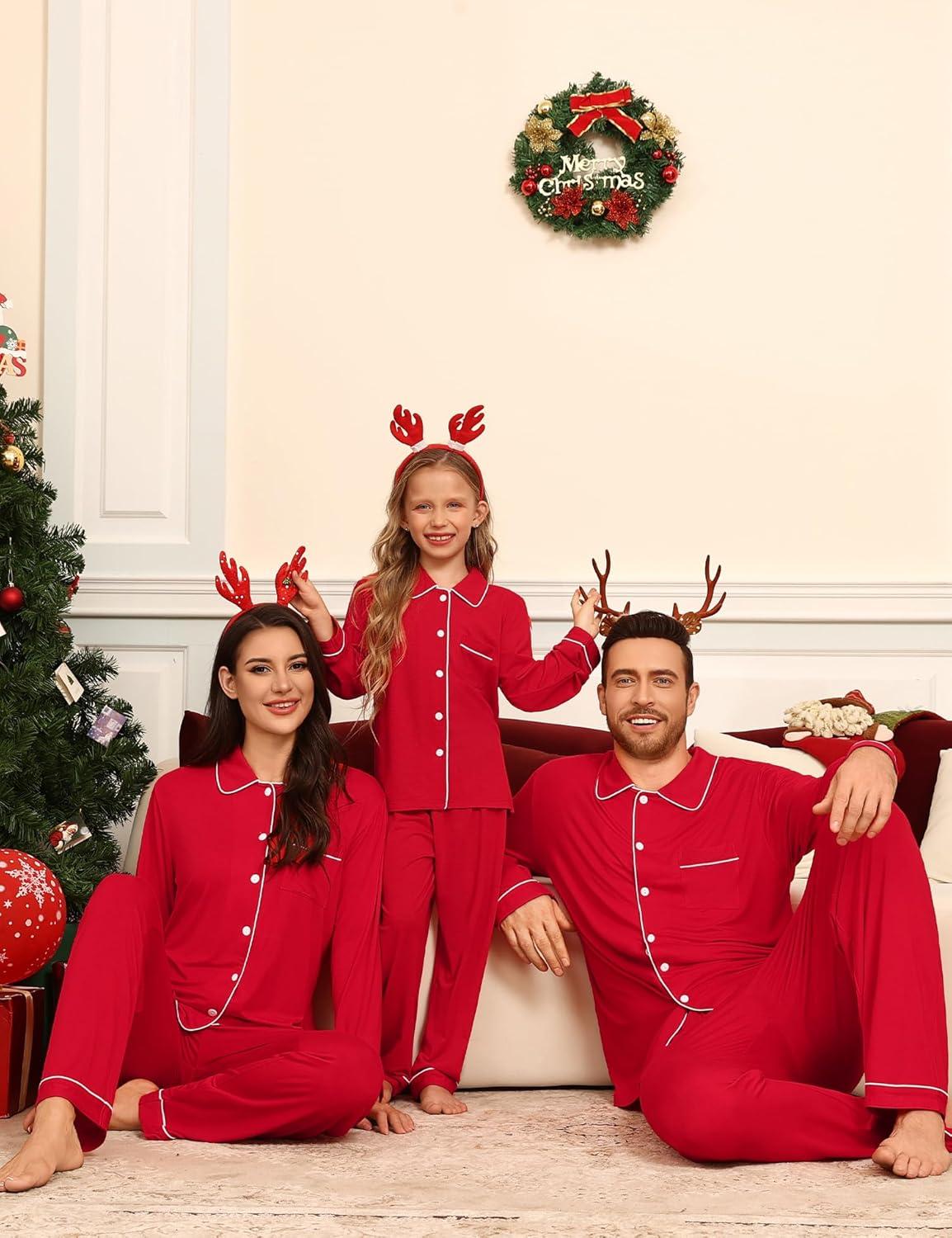 imageSWOMOG Family Matching Pajamas Set Button Down Sleepwear Long Sleeve Nightwear Christmas PJS Holiday PajamasRed