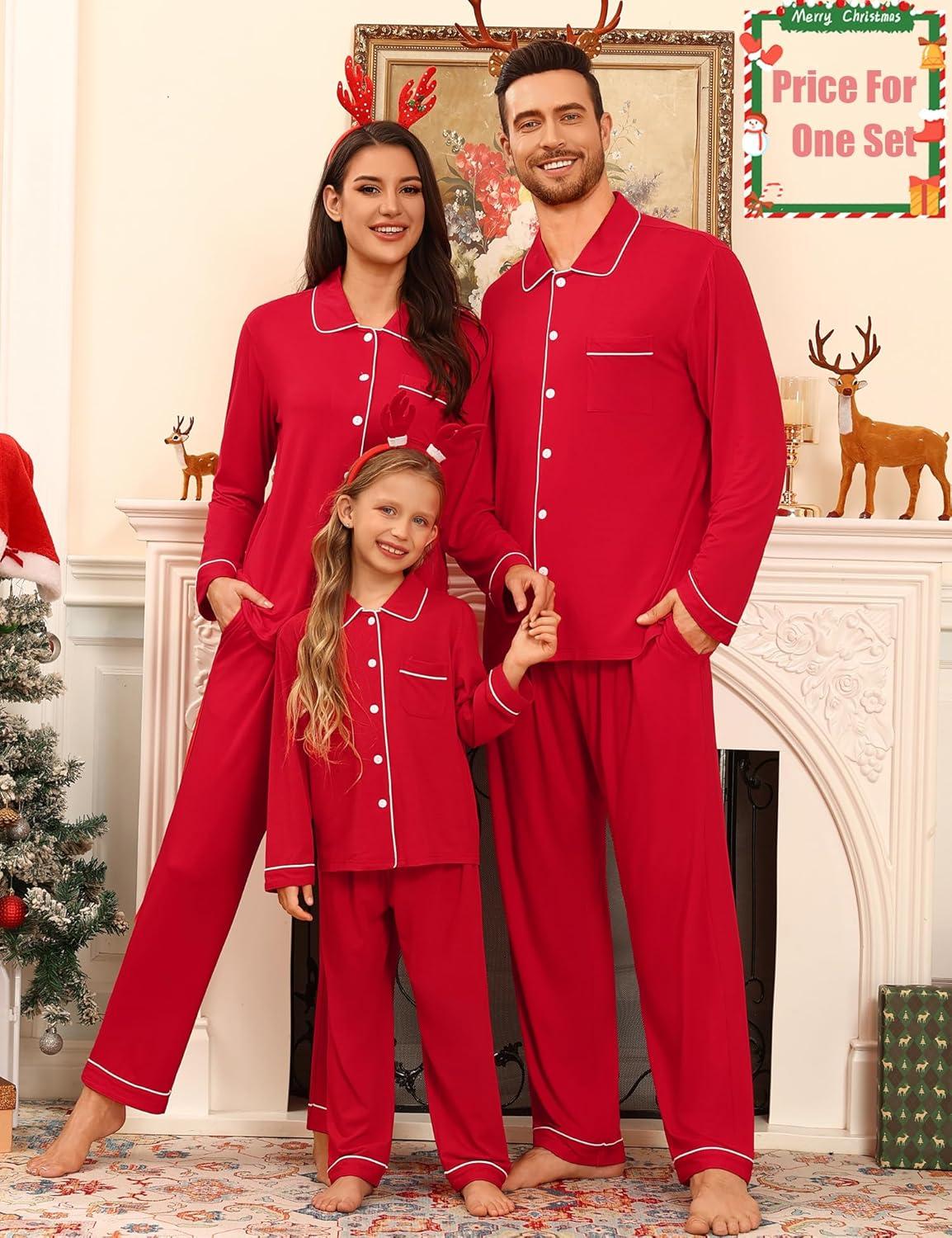 imageSWOMOG Family Matching Pajamas Set Button Down Sleepwear Long Sleeve Nightwear Christmas PJS Holiday PajamasRed