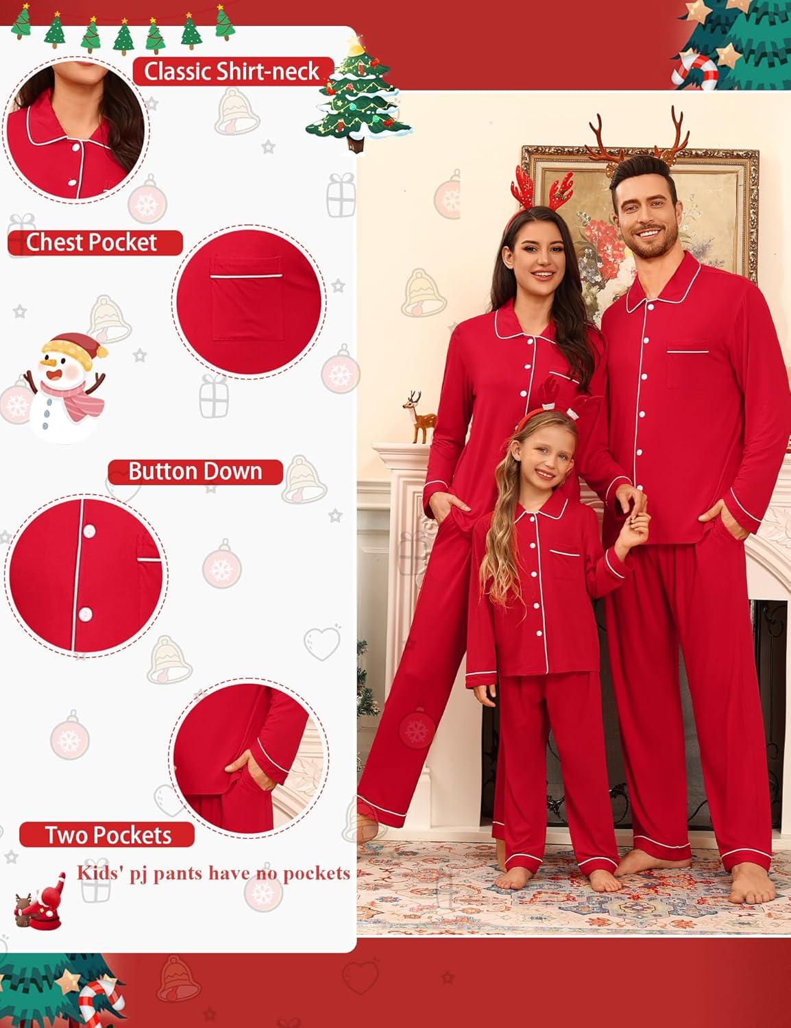 imageSWOMOG Family Matching Pajamas Set Button Down Sleepwear Long Sleeve Nightwear Christmas PJS Holiday PajamasRed