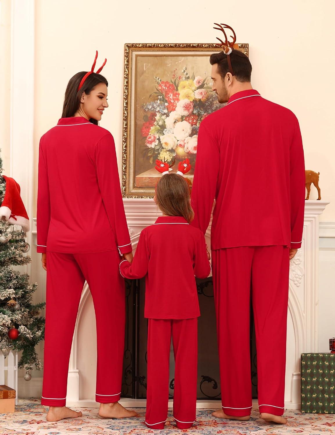 imageSWOMOG Family Matching Pajamas Set Button Down Sleepwear Long Sleeve Nightwear Christmas PJS Holiday PajamasRed