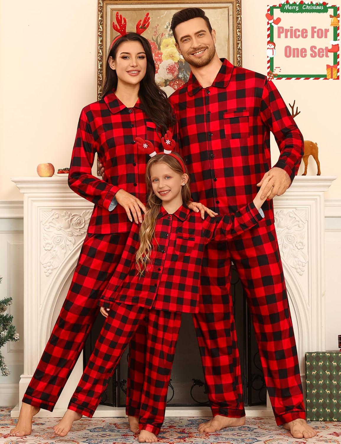 imageSWOMOG Family Matching Pajamas Set Button Down Sleepwear Long Sleeve Nightwear Christmas PJS Holiday PajamasRed With Black Grid
