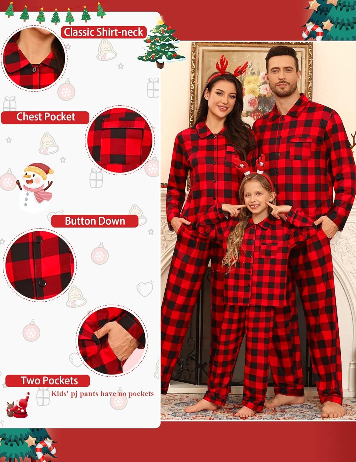 imageSWOMOG Family Matching Pajamas Set Button Down Sleepwear Long Sleeve Nightwear Christmas PJS Holiday PajamasRed With Black Grid