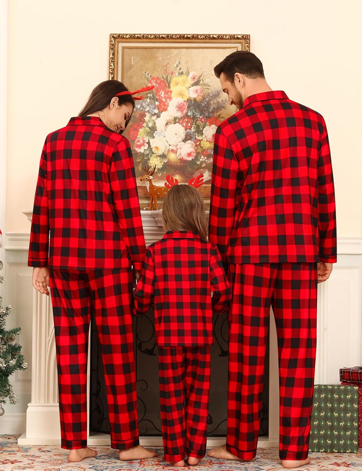 imageSWOMOG Family Matching Pajamas Set Button Down Sleepwear Long Sleeve Nightwear Christmas PJS Holiday PajamasRed With Black Grid