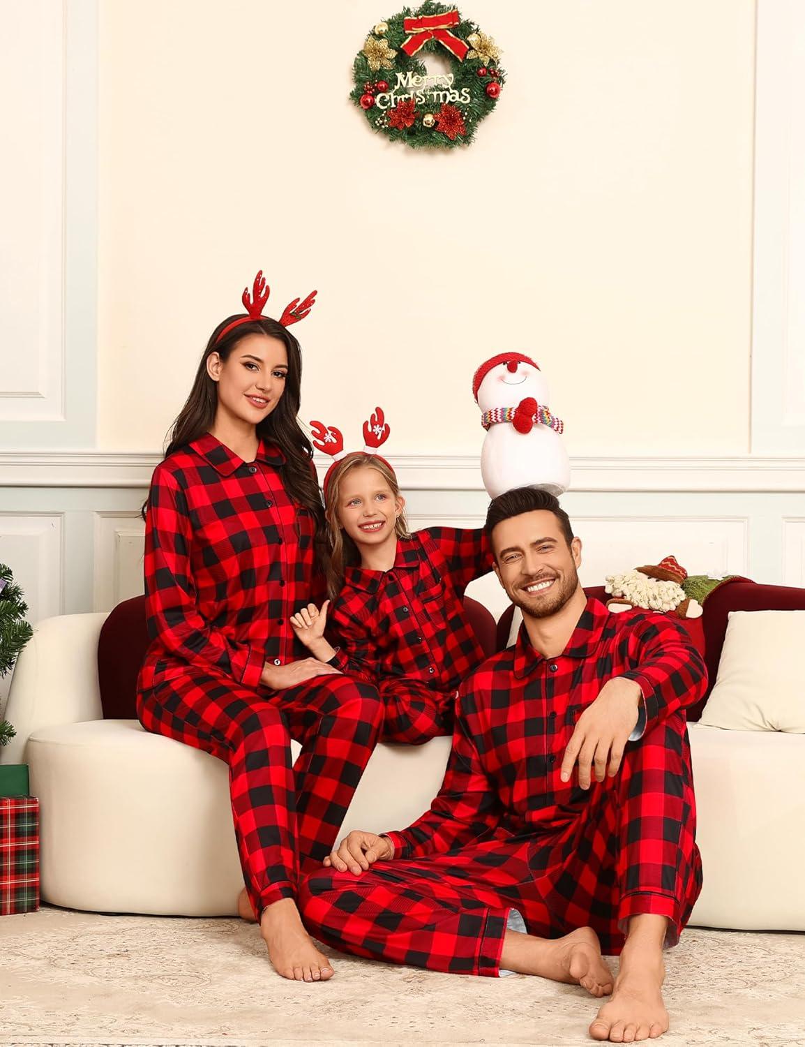 imageSWOMOG Family Matching Pajamas Set Button Down Sleepwear Long Sleeve Nightwear Christmas PJS Holiday PajamasRed With Black Grid
