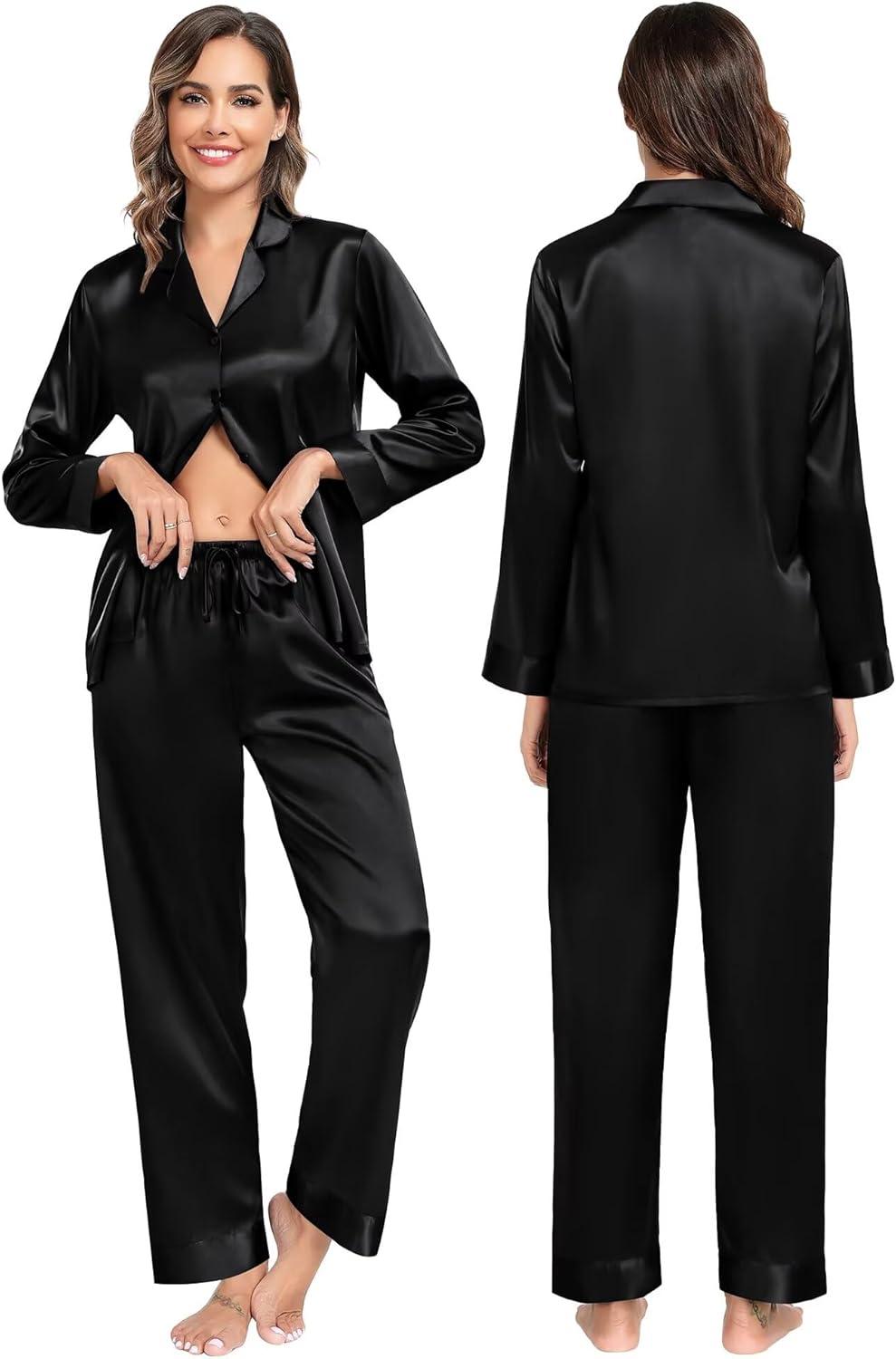 imageSWOMOG Family Matching Pajamas Silk Satin Long Sleeve Sleepwear Soft Button Down Loungewear 2 Pcs Pj SetBlack