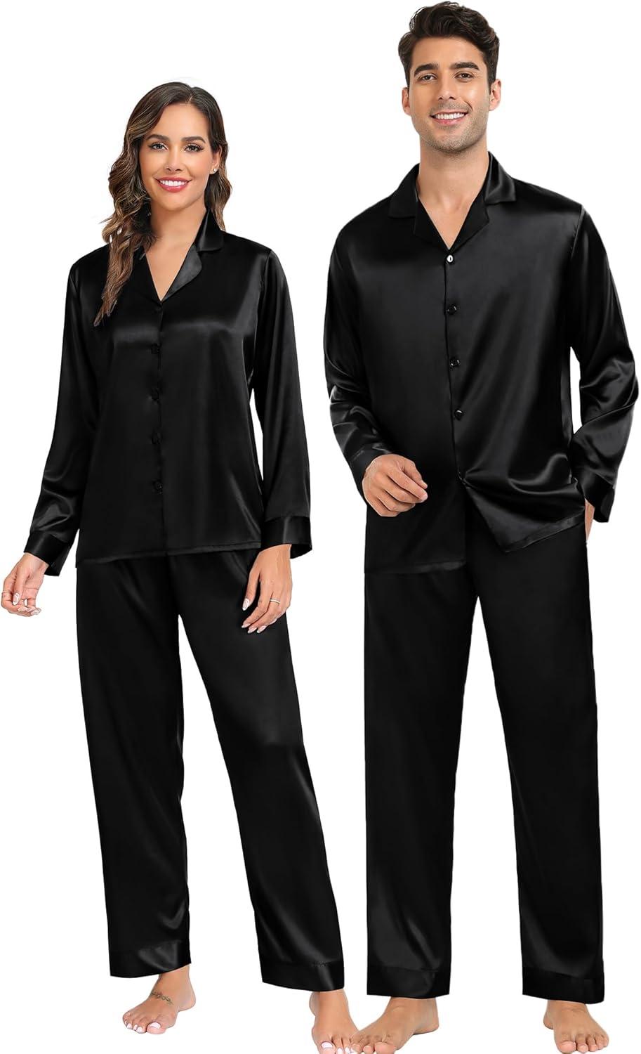 imageSWOMOG Family Matching Pajamas Silk Satin Long Sleeve Sleepwear Soft Button Down Loungewear 2 Pcs Pj SetBlack